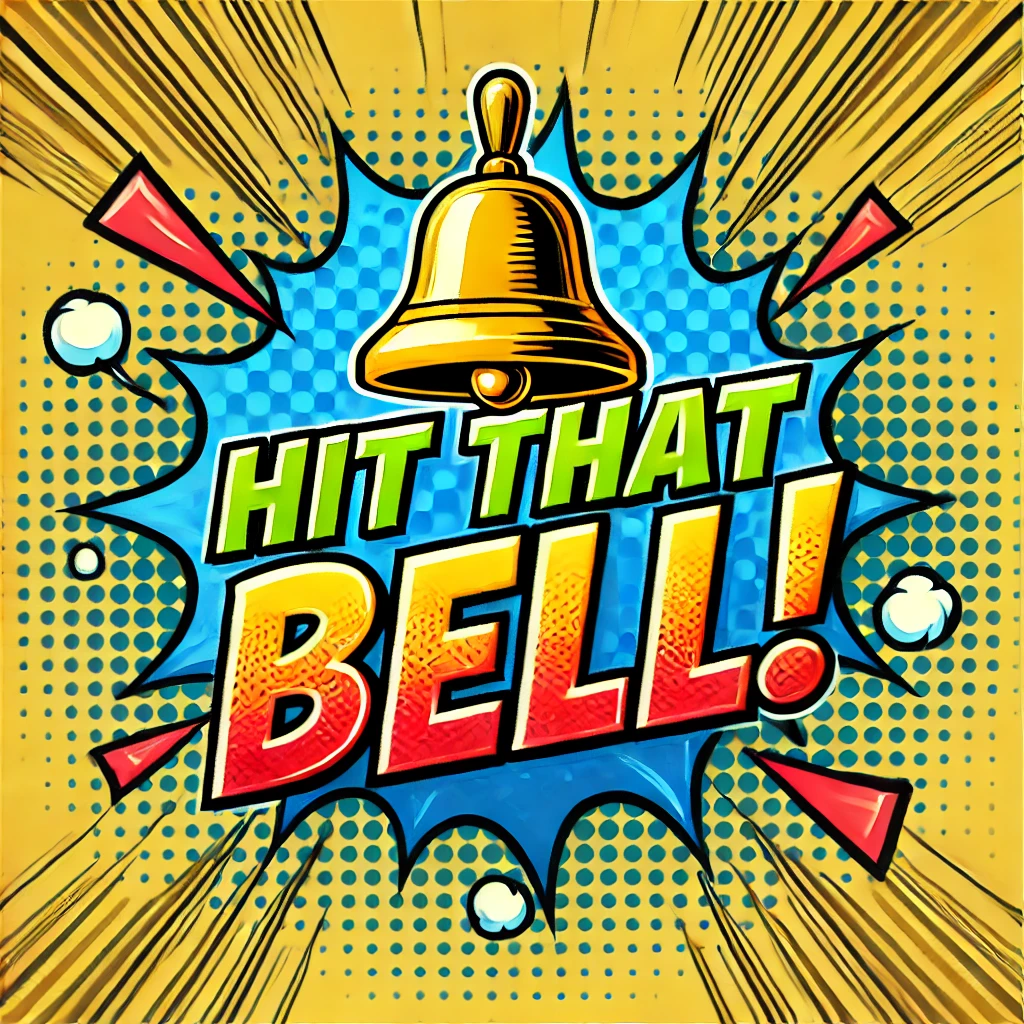 A fun and colorful design featuring the phrase Hit That Bell in a comic book style The text should be large and bold with a bell graphic integrated into the design Use bright eyecatching colors like yellow blue and red The background should include comicstyle action lines and halftone patterns to create a sense of excitement and movement The overall vibe should be playful and energetic perfect for encouraging viewers to take action