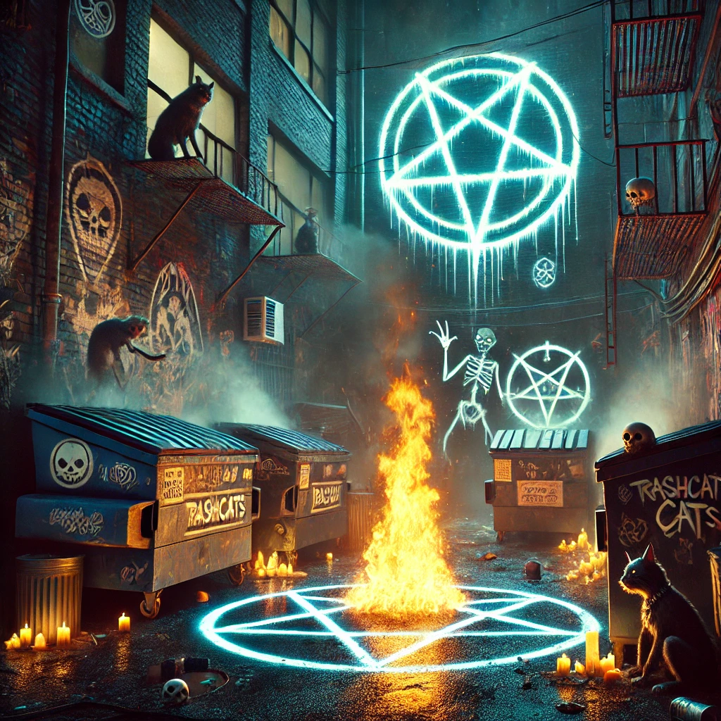A dark greasy urban alley at night filled with trash cans and dumpsters where TrashCats are performing an occult ritual Neon lights from graffiticovered walls glow with pentagrams and arcane symbols A roaring dumpster fire burns high casting long shadows A TrashCat elder stands with a boneadorned staff drawing a glowing pentagram on the ground The scene is eerie and mystical with neonpainted runes animal skulls on dumpsters and smoke revealing hidden symbols Dark mystical atmosphere with a focus on occult and witchcraft elements