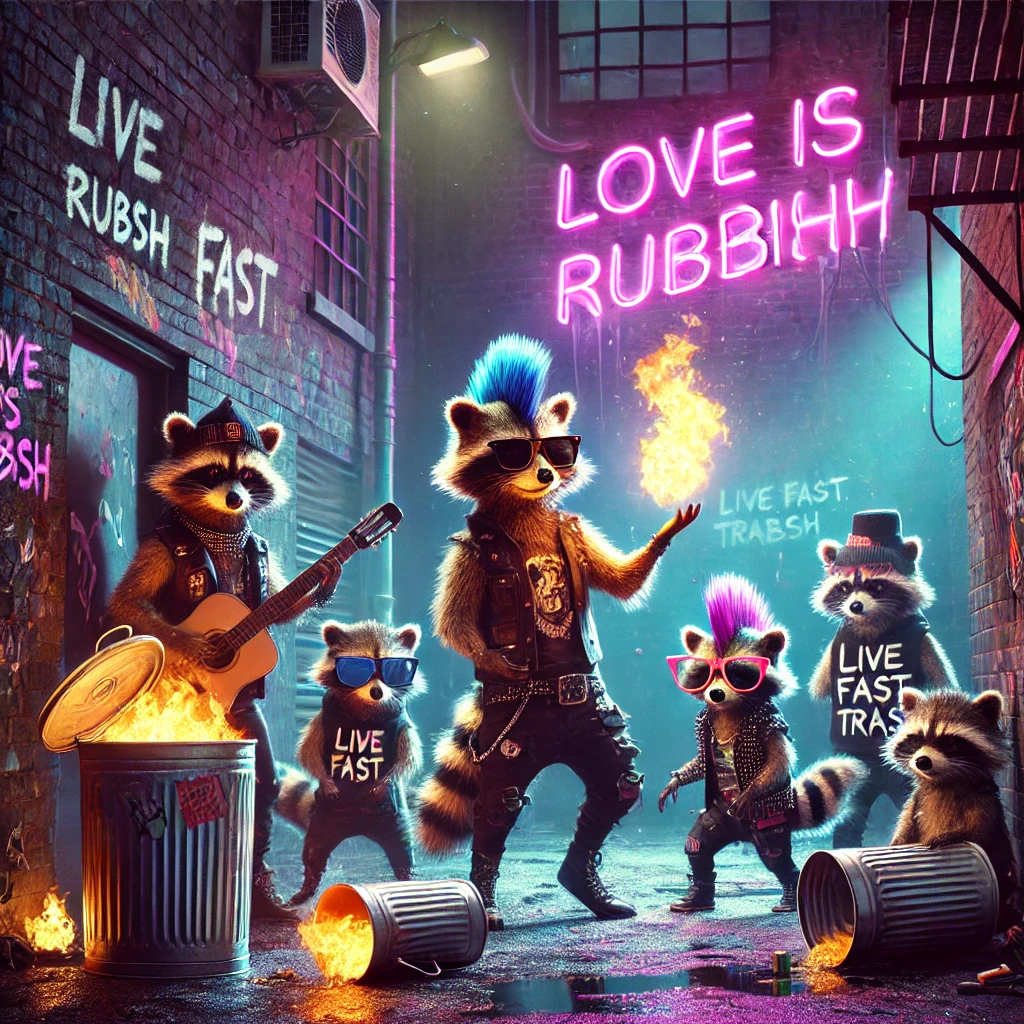 A variation of a dark urban alley where punk raccoons gather This time the raccoons are wearing even more outlandish accessories one with a mohawk and sunglasses another juggling trash cans on fire A neon sign flickers Love is Rubbish in a graffiticovered alley and the mood is more chaotic with flames and music blasting from a boombox One raccoon sprays graffiti on the wall that says Live Fast Eat Trash The lighting is more intense with brighter neon colors and a larger more vibrant flame