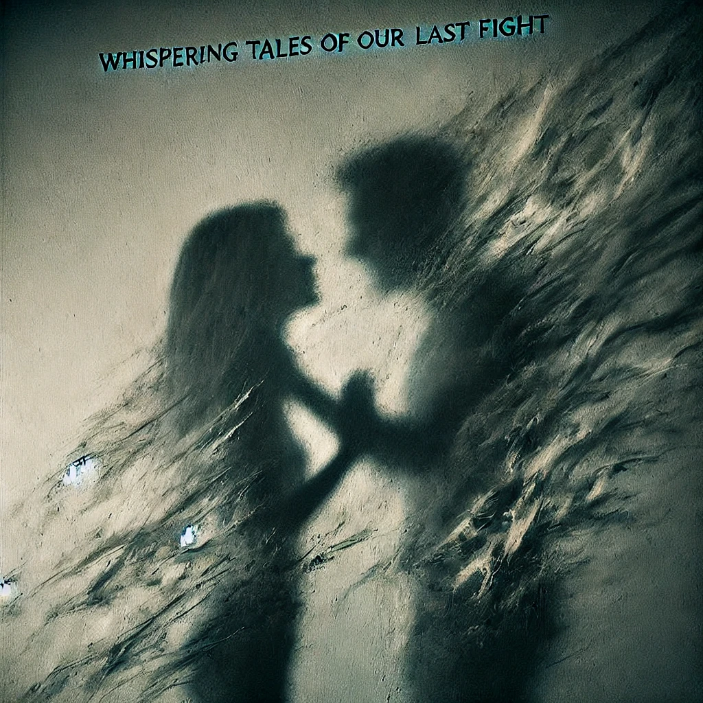 A closeup of a wall where shadows whisper stories of a broken past The shadows show vague ghostly movements of a couple frozen in their last argument The air feels thick with tension as if the room itself remembers The text Whispering Tales of Our Last Fight is softly etched into the wall barely visible in the flickering light