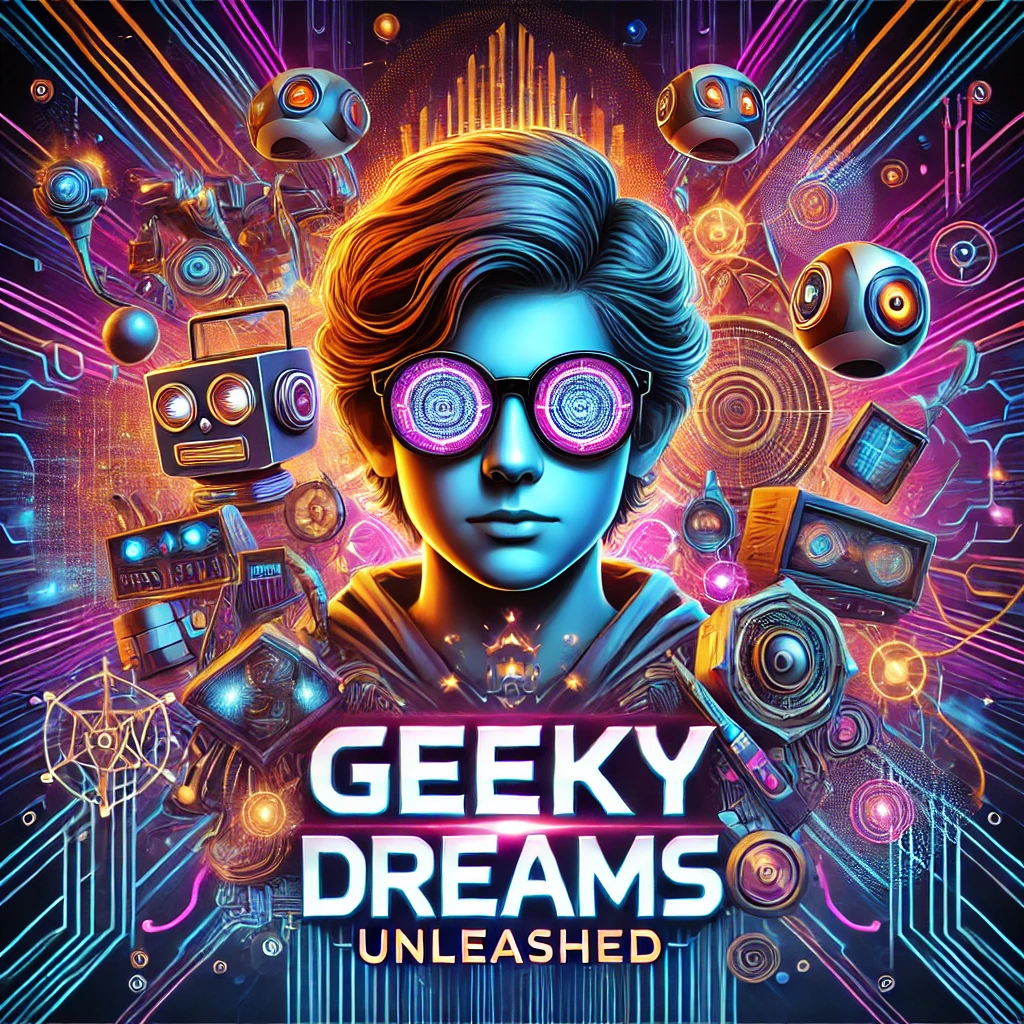 A vibrant futuristic world featuring a geeky character with glowing glasses surrounded by swirling digital code robots and mechanical gadgets The background is alive with neon colors glowing lines and circuits The typography reads Geeky Dreams Unleashed in a sleek digital aesthetic with glowing neon lines intertwined with the imagery The overall style is edgy and futuristic evoking a sense of excitement and technological wonder