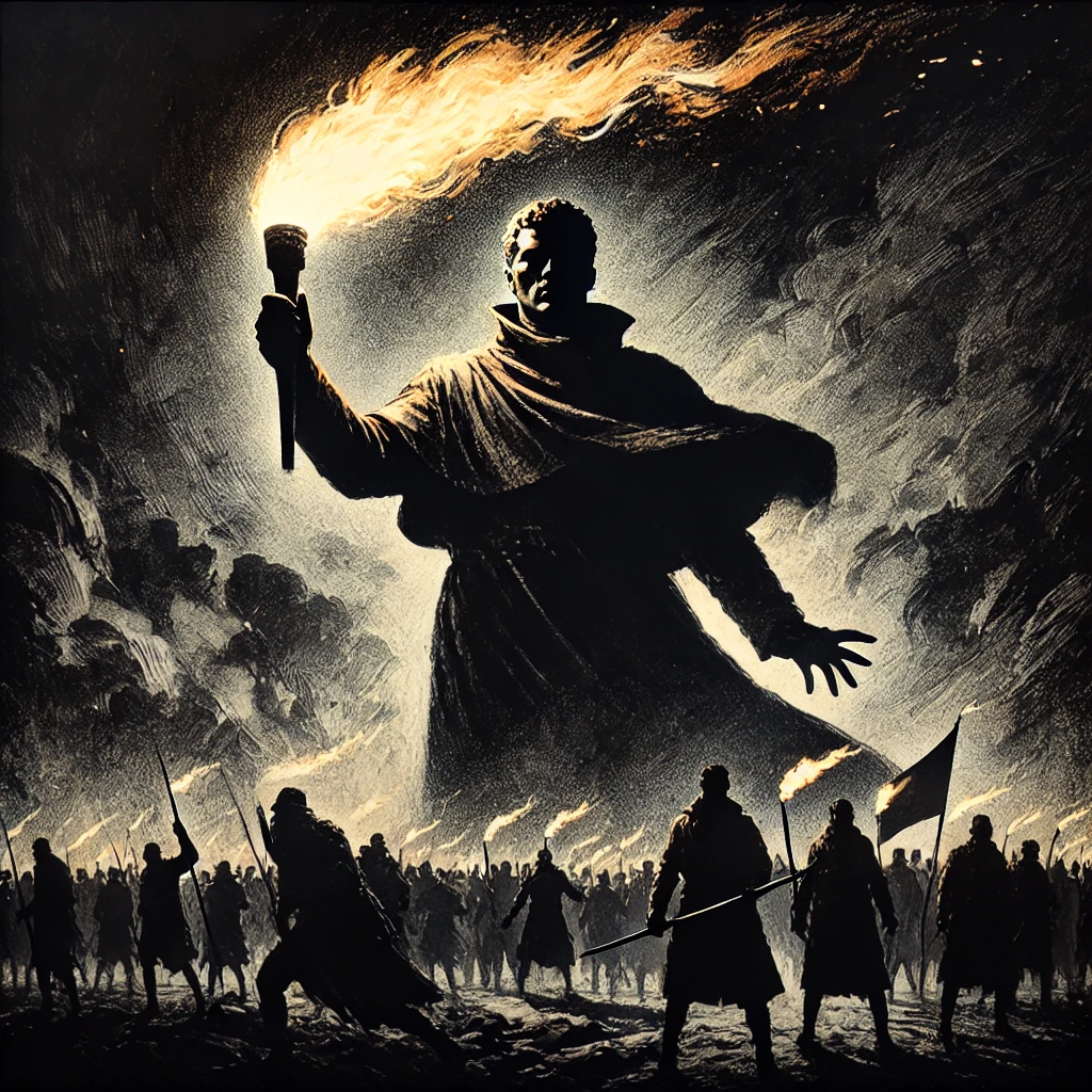 At 00108 A regime fueled by the flames of bigotry stands tall in this image The figure surrounded by shadows holds a torch lit with a fierce consuming flame The background is engulfed in darkness with the faint outlines of marginalized people fading into obscurity The image is intense with the flames of bigotry symbolizing hatred and oppression and the regime standing strong in its sinister glow