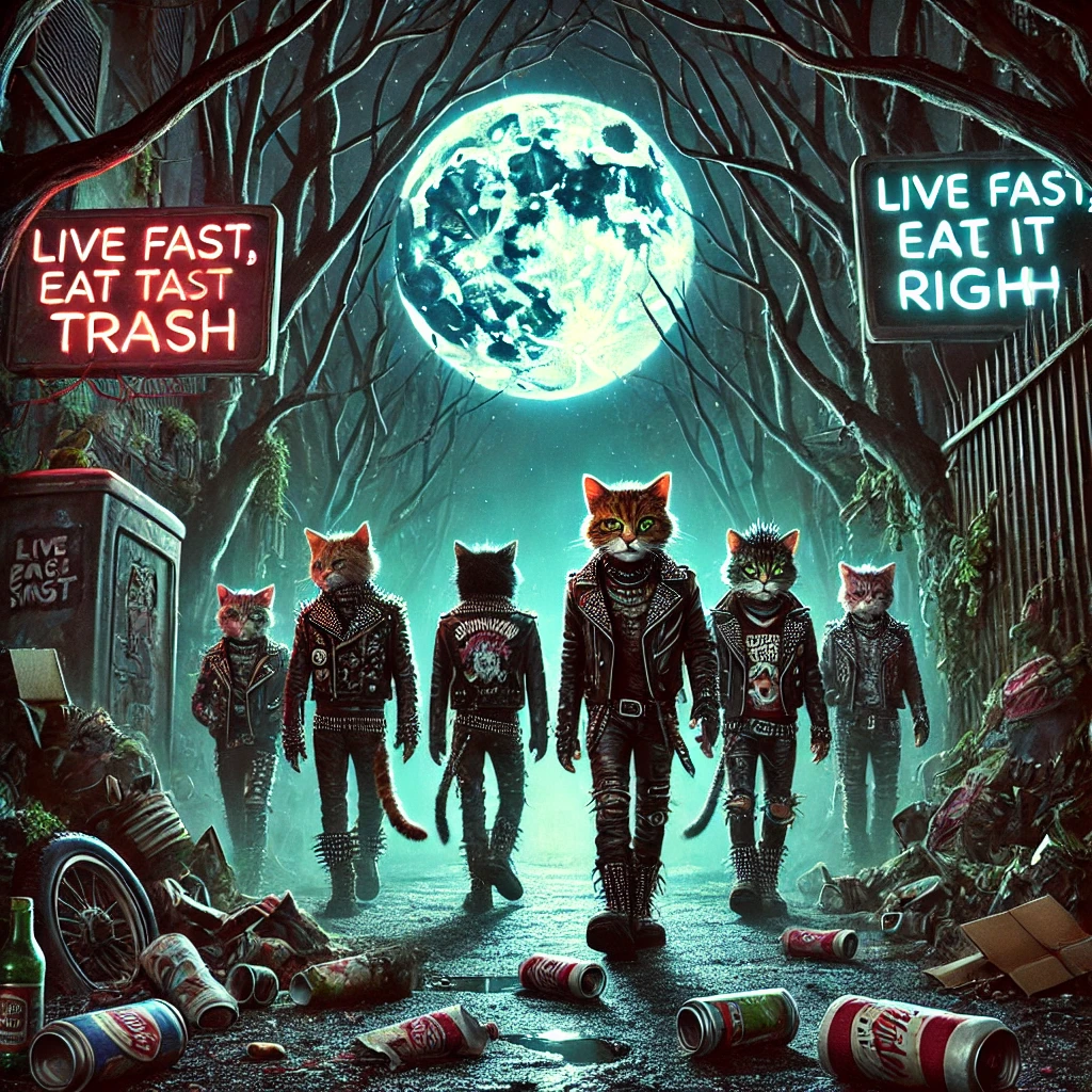 A dark alley filled with TrashCats greasy wrappers and broken bottles under a mystical glowing full moon The TrashCats are on a journey marching ever forward neath a wooded shrine at the start of the alley with shadows of trees looming over them The phrase Primal Night Give It Sight glows faintly in the trees behind them The TrashCats look determined dressed in punk gear leather jackets and spiked accessories heading down a road that twists into darkness Neon signs in the background flicker Live Fast Eat Trash and Love is Rubbish The mood is mysterious and gritty with glowing mystical energy