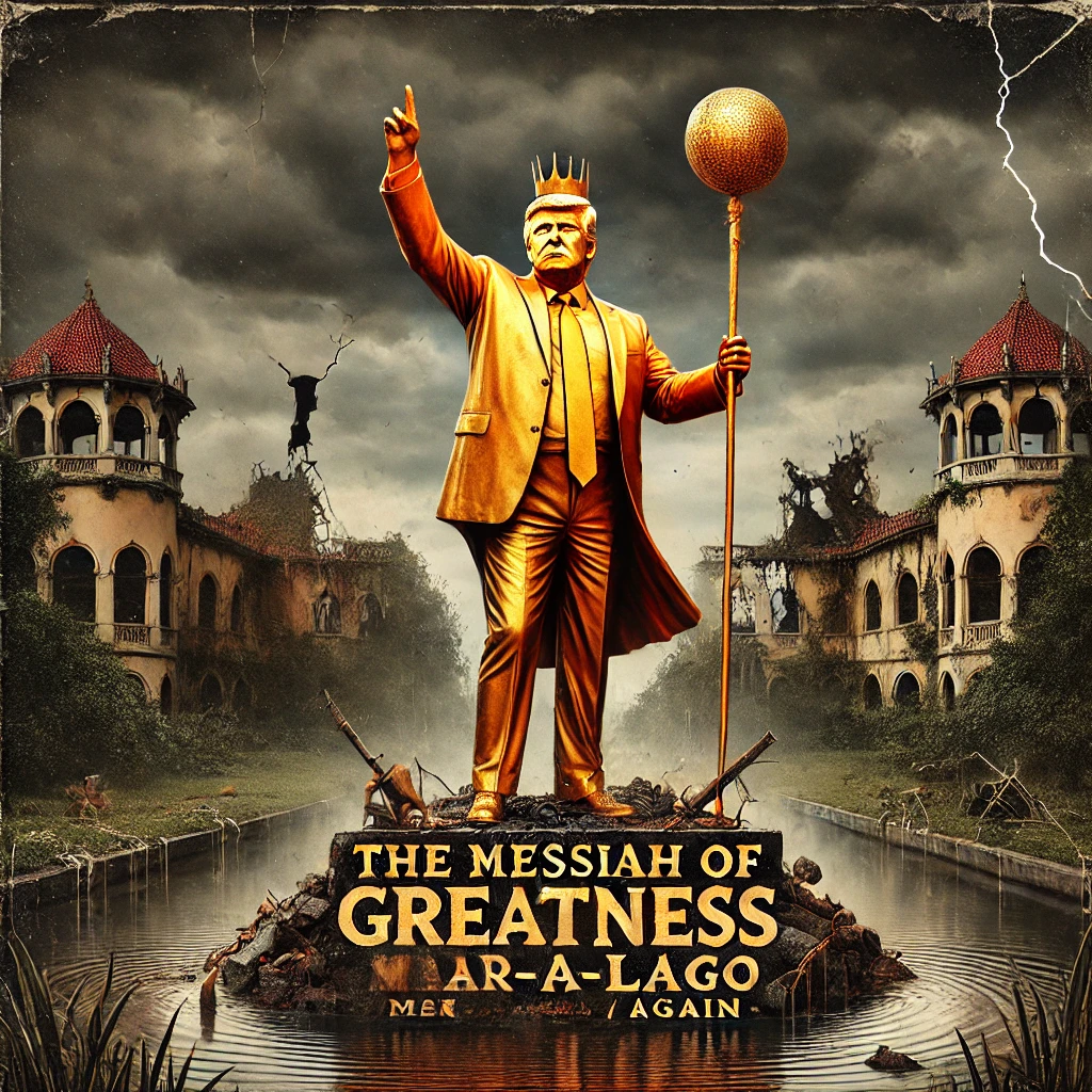 A towering orangetinted figure of The Messiah of MaraLago standing triumphant on a crumbling podium of his own failures dressed in an oversized golden suit with a blinding golden tie His decrepit scepter topped with a cracked tarnished golden globe is raised high as he gestures grandiosely to an oblivious crowd kneedeep in a murky swamp The backdrop is a decaying estate with overgrown gardens and cracked walls while dark ominous clouds hang in the sky hinting at an impending storm Bold shattered typography reading The Return of Greatness Again is emblazoned at the bottom in stark contrast to the bleak environment