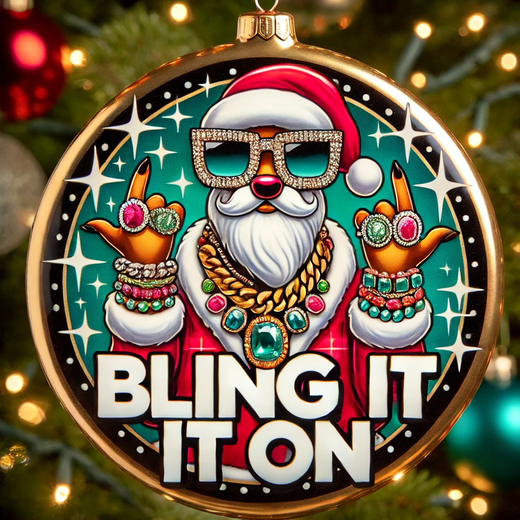 A fun circular ornament design featuring Santa or a reindeer decked out in overthetop jewelry and accessories like rings necklaces and sunglasses The phrase Bling it On is written in bold and flashy typography with holiday lights and decorations in the background The scene is humorous playful and fully contained within the circular frame