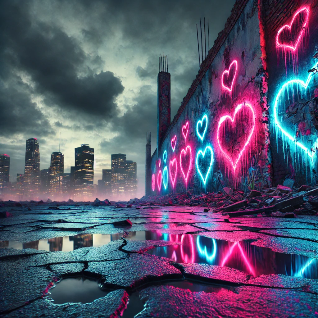 A dystopian cityscape at dusk with vibrant neon lights glowing on crumbling walls Graffiti hearts glow in neon pink and blue on the walls symbolizing both love and decay The cracked pavement reflects the neon lights while the skyline shows a mix of dilapidation and faint hope Dark clouds loom overhead creating a dramatic intense atmosphere