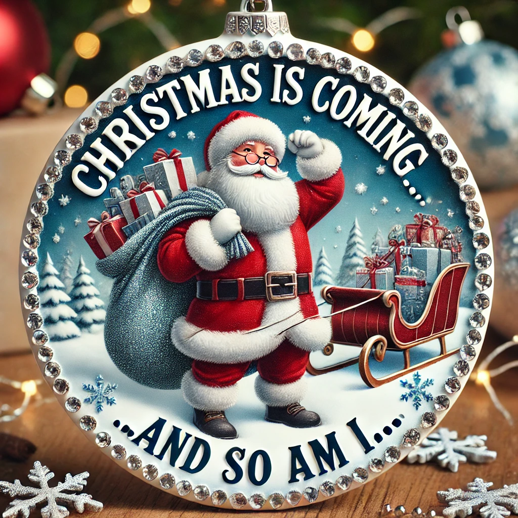 In this cheeky 1050x1050 circular ornament design Santa stands in front of a sleigh filled with presents holding onto his coat with a mischievous smirk on his face The phrase Christmas is Coming and So Am I is written above him in bold playful letters adorned with icy blue accents that sparkle against the snowy background Around the edges of the ornament twinkling lights and snowflakes add a festive touch Everything is contained within the circular boundary making for a humorous holiday ornament design