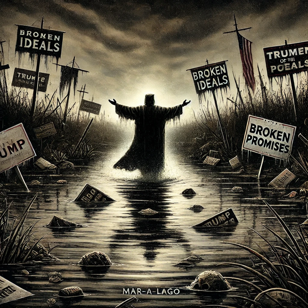 A haunting image of the Messiah of MaraLago wading through a dark swamp filled with floating broken promises Around him signs discarded ideals and halfsubmerged banners float in murky waters The sky is dull and gray creating an ominous atmosphere The figure appears triumphant completely unaware of the decay surrounding him Bold fonts at the top represent resilience amidst collapse High contrast lighting highlights the figures exaggerated victory stance while dark muted tones dominate the swamp and deep green hues reflect the waters murkiness