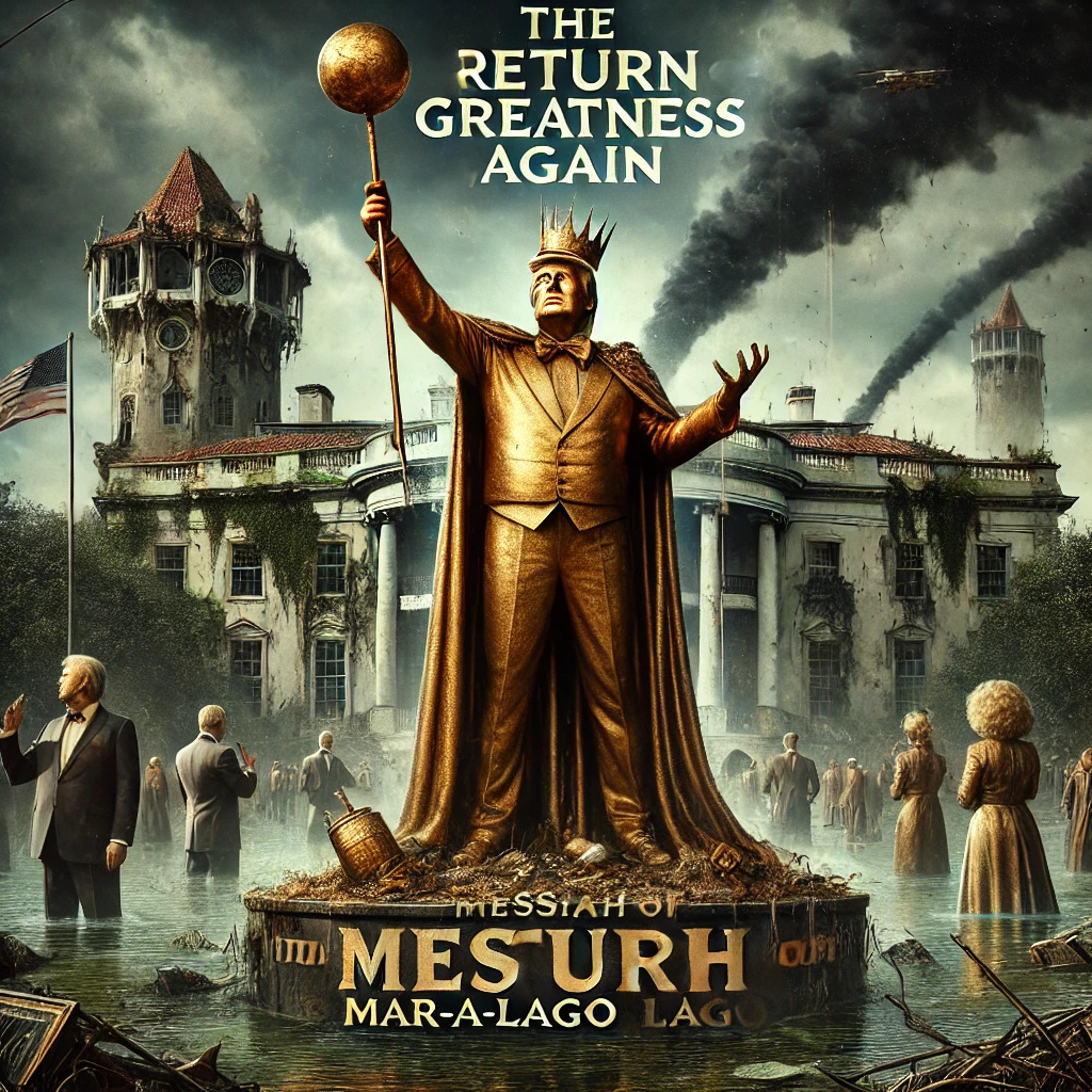 A dystopian portrayal of The Messiah of MaraLago an oversized figure dressed in a gaudy exaggerated golden suit standing on a crumbling podium in front of a decaying estate He raises a decrepit scepter with a cracked golden globe while the sky above brews dark ominous storm clouds His followers stand in a murky swamp oblivious to the chaos around them Bold shattered typography at the bottom reads The Return of Greatness Again reflecting the absurdity and collapse of his reign