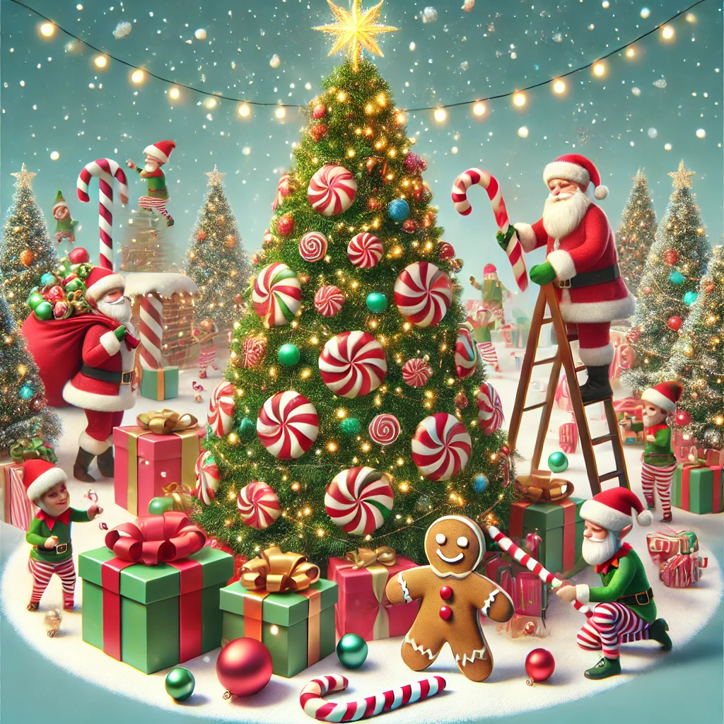 A playful holiday scene featuring a Christmas tree decorated with giant candy canes ornaments and gingerbread men Santa and his elves are busy wrapping oversized gifts and placing them under the tree The tree has glowing lights and tinsel and theres a festive snowfall in the background Everything is contained within a circular frame adding to the holiday cheer