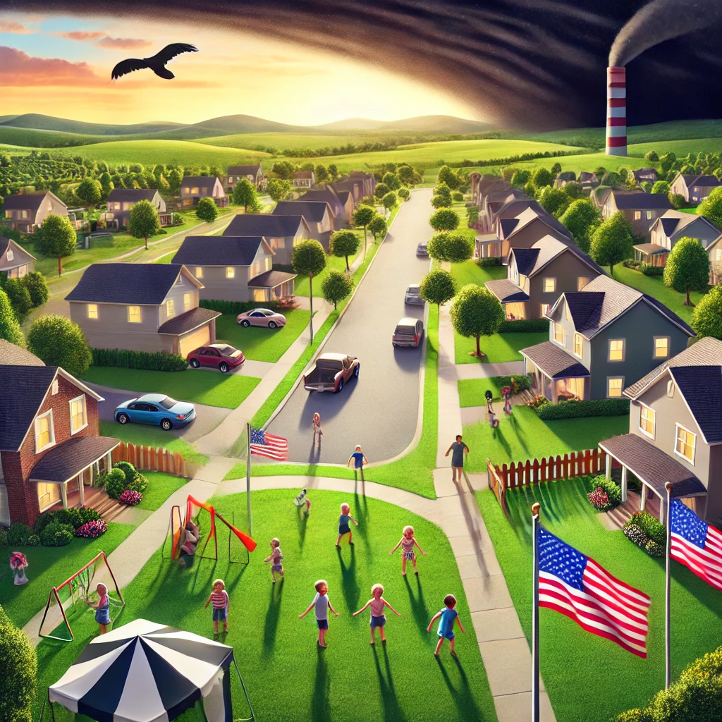 A picturesque suburban neighborhood with children playing on green lawns and American flags waving in the breeze Everything seems serene and peaceful In the background a dark shadow is encroaching representing the looming threat of white supremacist ideologies The bright happy scene contrasts with the growing darkness that hints at danger ahead