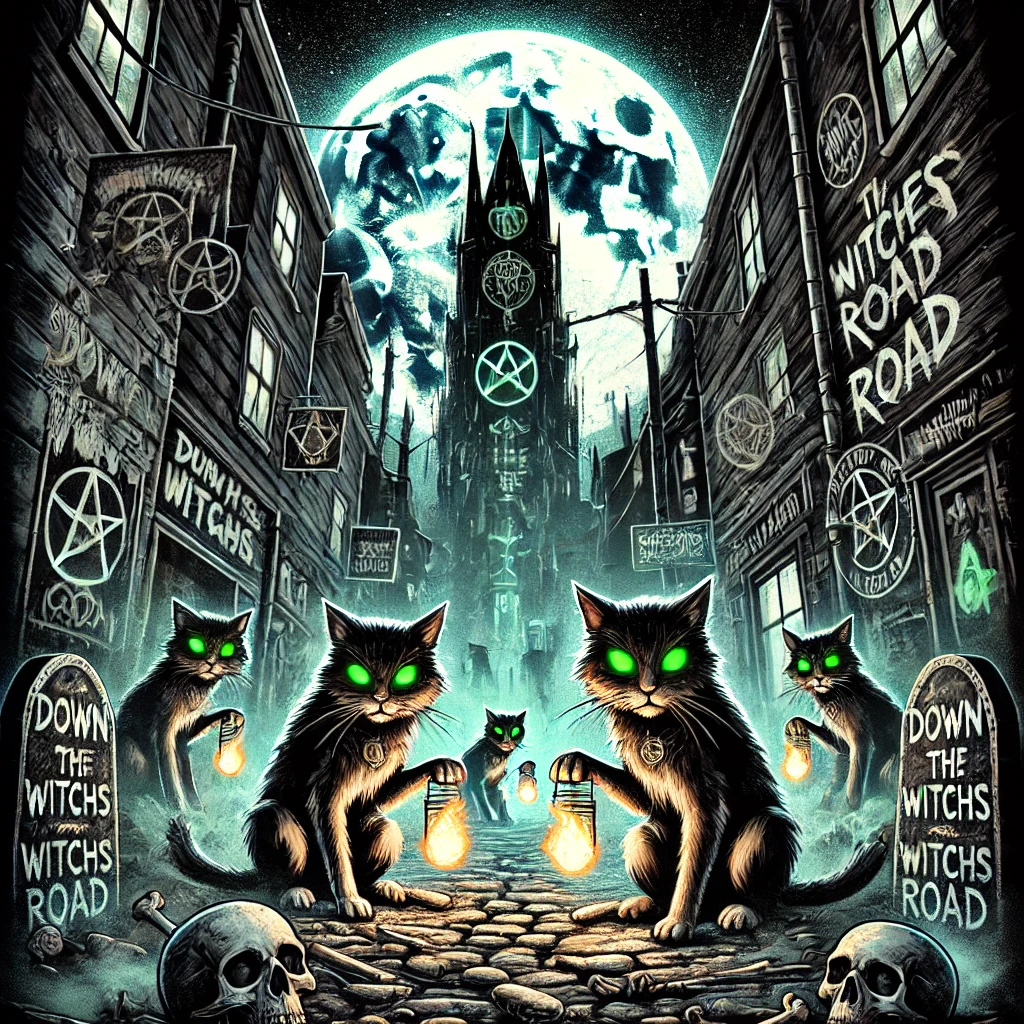 A dark eerie alley under the light of a large full moon TrashCats are marching forward beneath a towering graffiticovered shrine Their glowing green eyes reflect the moonlight as they hold torches and walk along a path littered with bones and occult symbols The air is thick with mist and the alley walls are adorned with cryptic graffiti featuring pentagrams skulls and glowing runes Neon signs flicker in the distance casting a sinister glow The scene is filled with a sense of dark magic mystery and an occult journey Typography in bold cracked font says Down the Witches Road