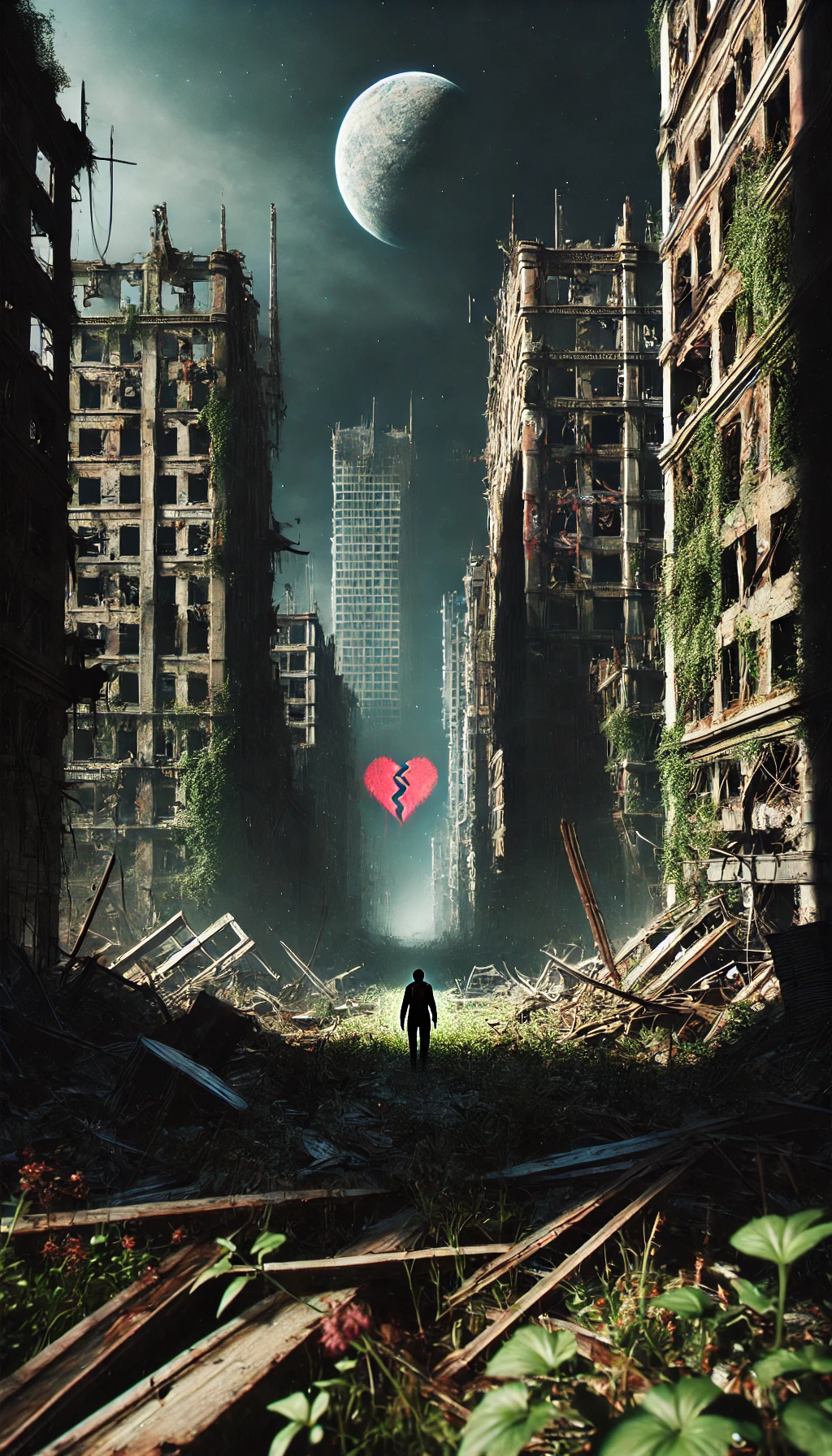 A 916 image showing a postapocalyptic world where towering ruins of buildings stand against a dark sky The streets are filled with overgrown plants reclaiming the abandoned city In the foreground a lone figure walks among the wreckage Graffiti of a broken heart is painted on the crumbling walls The typography in jagged shattered fonts reads After the Fall at the top The color palette is dominated by dark greens browns and grays with the broken heart in vibrant red The lighting is soft with long shadows cast across the wreckage creating a mood of isolation and survival