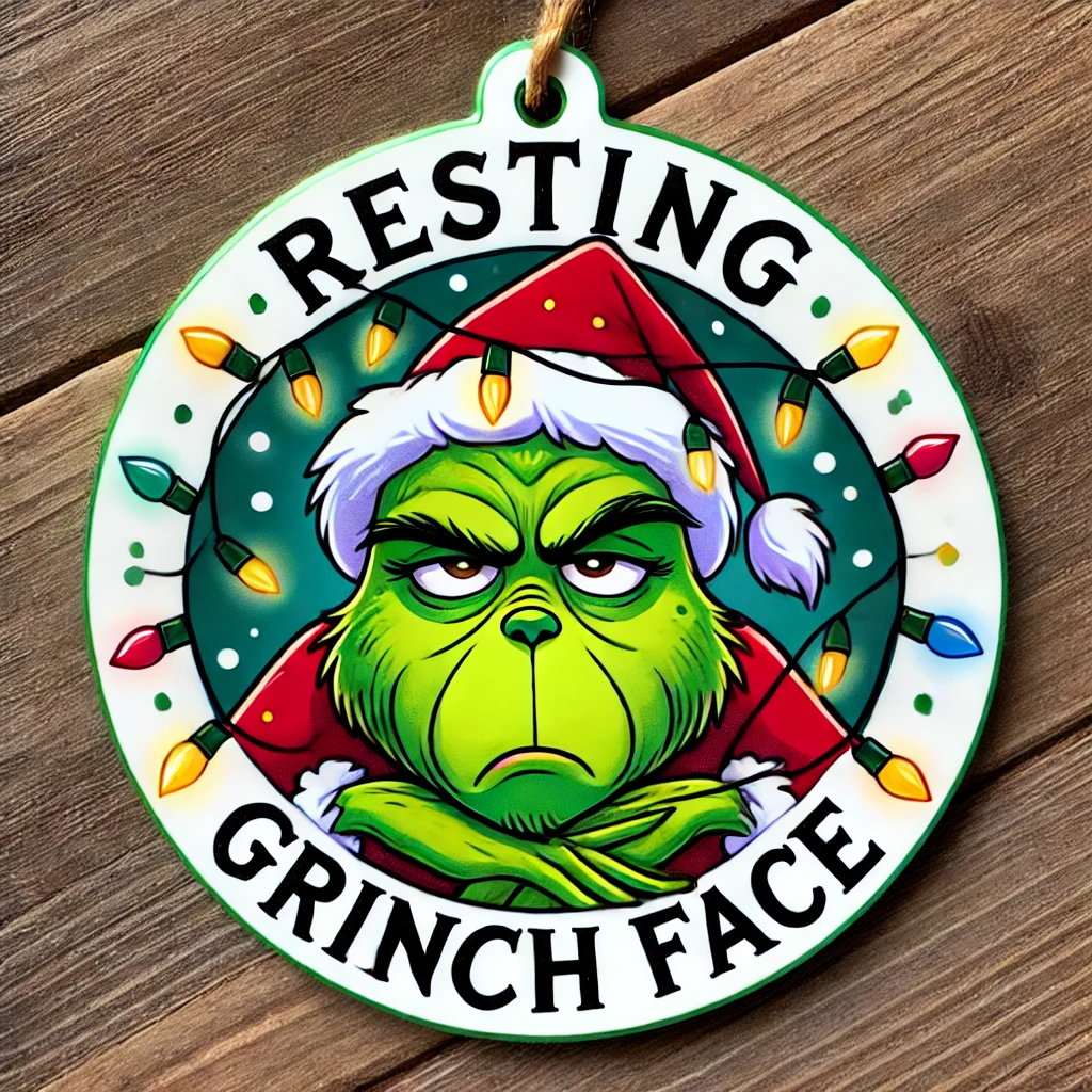 A playful circular ornament design featuring the Grinch looking unamused with holiday lights tangled around his head The phrase Resting Grinch Face is written above in bold festive lettering The scene is humorous with the Grinchs signature grumpy expression and colorful lights all contained within the circular frame