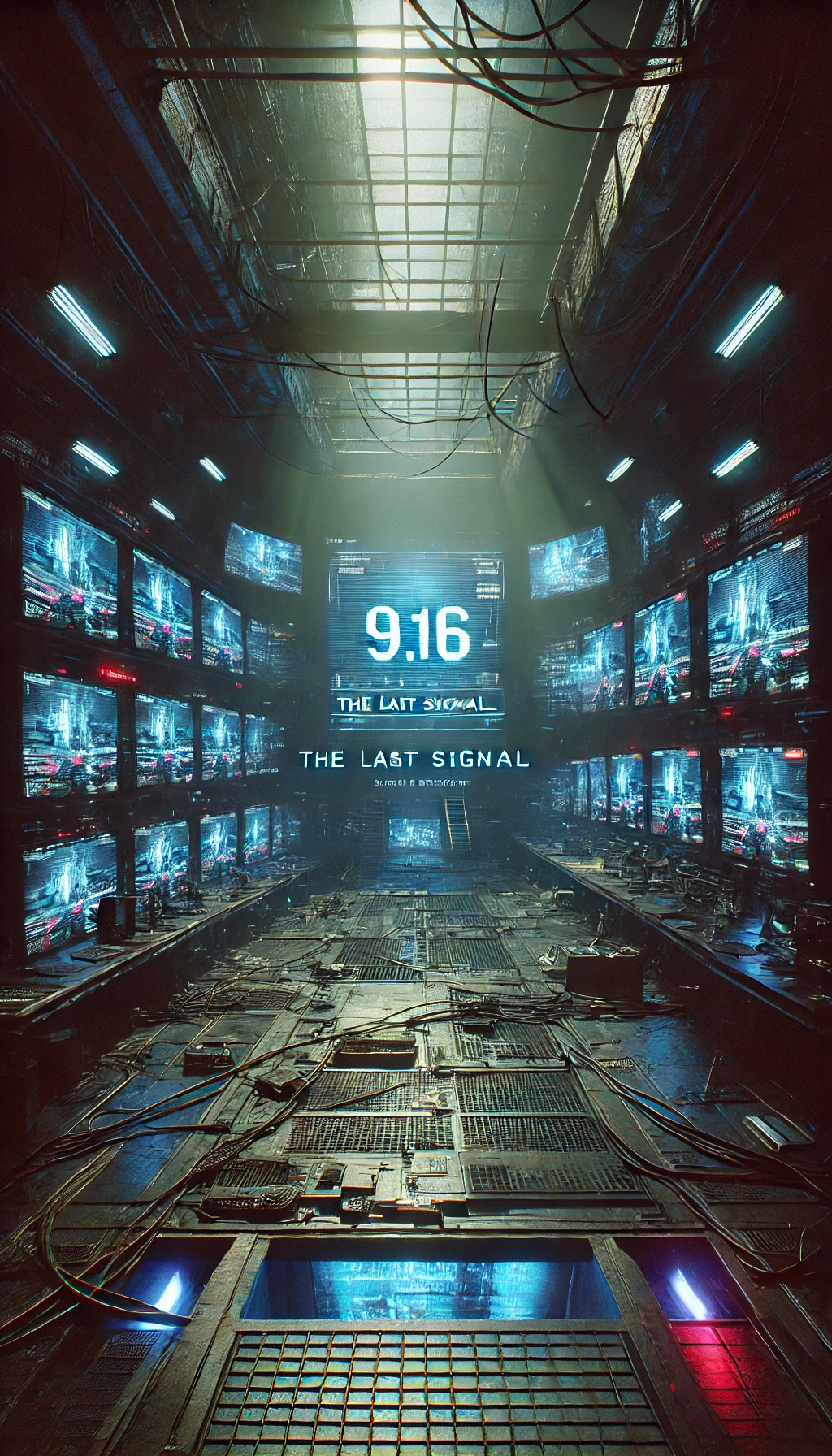 A 916 image of an underground hideout filled with monitors wires and flickering screens showing different parts of a dystopian city The hideout is dimly lit by glowing neon lights and the blue hue of the monitors On the central screen a countdown is ticking ominously The typography in a digital glitchy font reads The Last Signal at the bottom The color scheme consists of dark shades of black and gray contrasted with neon blues purples and reds Lighting is moody and foreboding with shadows filling the space adding to the sense of urgency and secrecy
