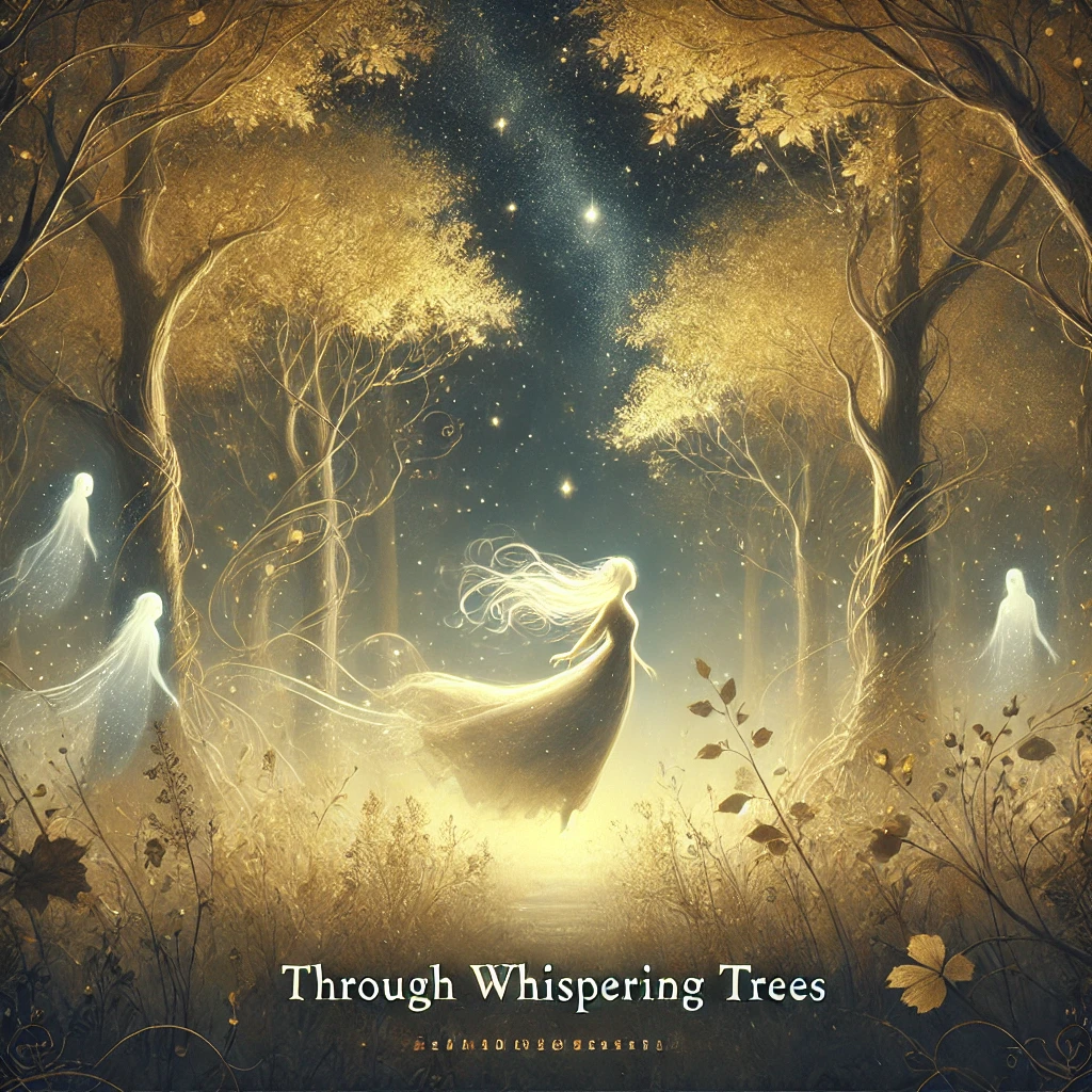 A dreamlike scene with golden leaves rustling under a starry sky A figure glides through whispering trees accompanied by faint glowing spirits in the distance The air is filled with magic as faint whispers of forgotten tales seem to swirl around Typography at the bottom says Through Whispering Trees in a delicate flowing font that reflects the ethereal and acoustic nature of the song The lighting is soft with shades of gold and silver illuminating the scene creating a mystical yet calming atmosphere