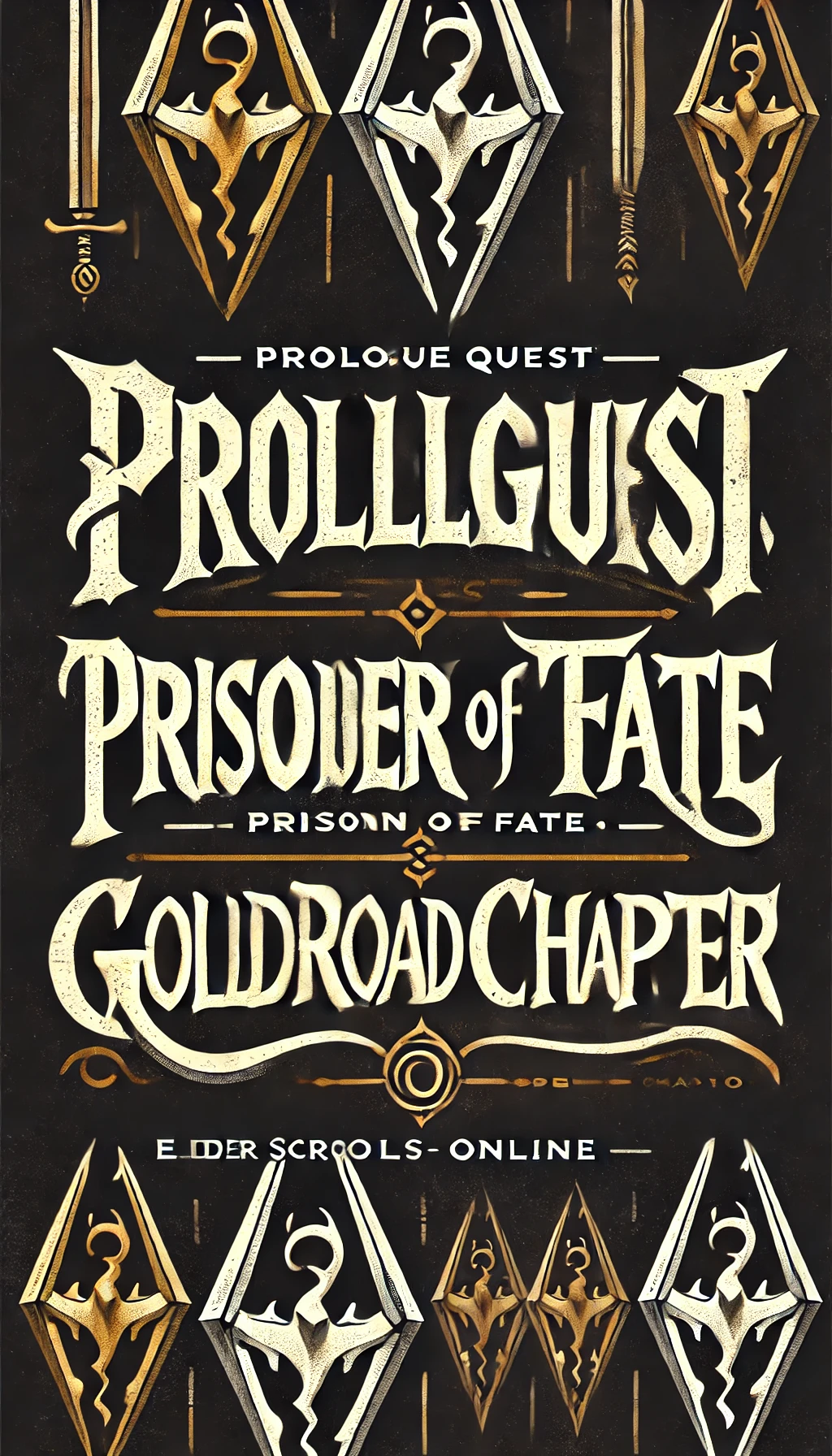 Typography reading Prologue Quest Prisoner of Fate and Gold Road Chapter in bold gothic font styled with an RPG and Elder Scrolls Online theme The letters should be sharp and ancient with glowing edges and a mystical aura The text is isolated on a solid dark background with a slight weathered texture to give it a fantasy RPG look