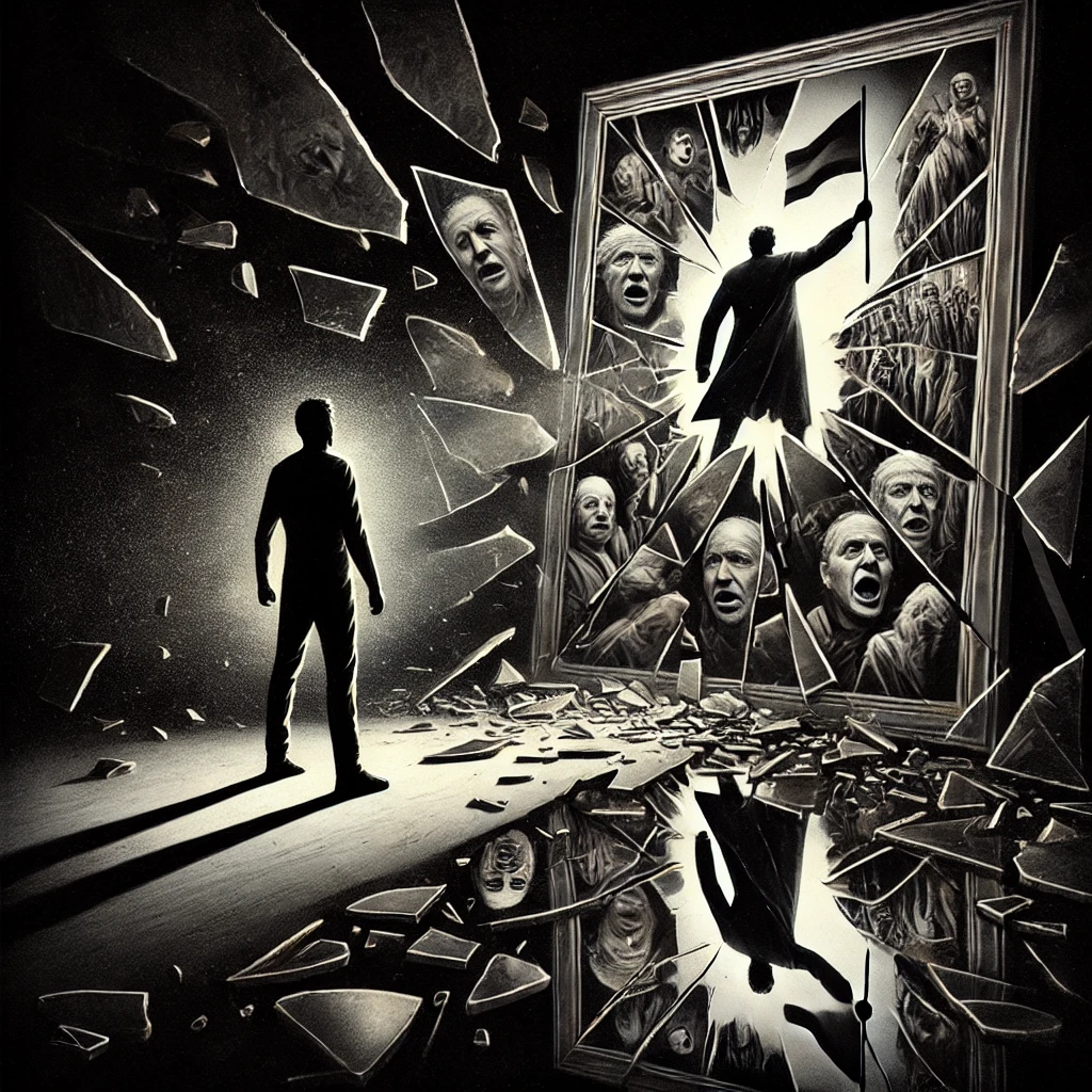 At 00114 This image represents the dark reality we face A figure stands before a shattered mirror each fragment reflecting different scenes of oppression authoritarianism and bigotry The cracks run deep showing how the fabric of society is torn apart Dark shadows surround the figure symbolizing the encroaching threat The reflections in the mirror are distorted and unsettling showing the horrors of a fractured society