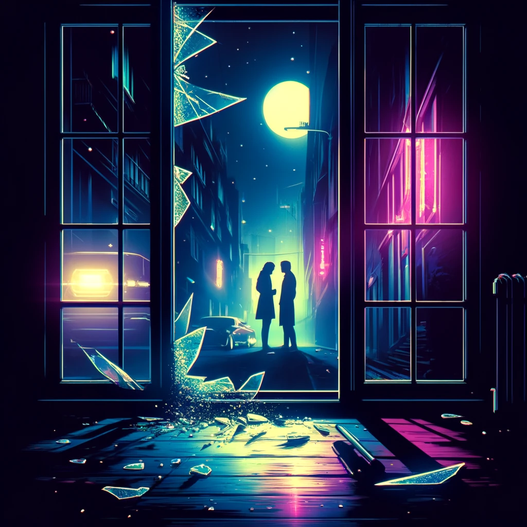 A night scene with a broken windowpane where soft moonlight filters through illuminating shards of glass scattered on the floor Two figures stand in the shadows exchanging whispers as neon lights flicker in the distance The mood is melancholic but full of emotional depth blending the soft glow of neon with a dark alley setting A graphic novel style with glowing highlights and bold contrasts