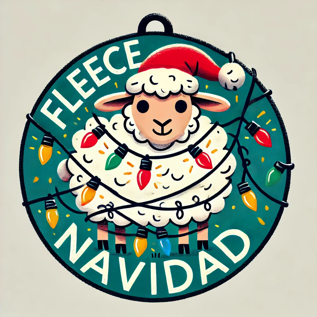 A playful circular ornament design featuring a sheep wearing a Santa hat and tangled in Christmas lights The phrase Fleece Navidad is written in bold festive letters above the sheep The scene is lighthearted and funny fully contained within the circular frame