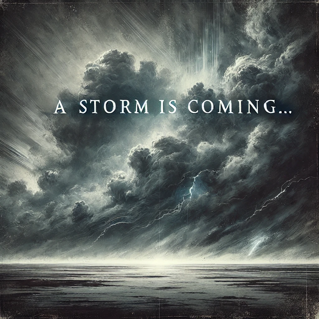 An ominous stormy sky gathers over a bleak landscape with dark clouds swirling and flashes of cold white light in the distance The ground is barren and a faint shadow looms on the horizon giving the sense of an approaching threat Text in sharp thin lines with fading edges reads A storm is coming placed in the upper center blending into the dark sky The colors are deep grays and muted blues with the lighting dark and heavy creating an ominous atmosphere