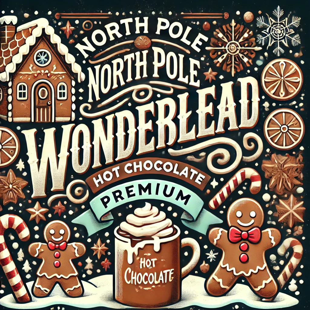 A typographic design with the theme Gingerbread Wonderland centered around a gingerbread aesthetic Typography highlights North Pole Hot Chocolate Premium in bold whimsical lettering surrounded by gingerbread men candy canes and frosting accents The backdrop features a gingerbread house scene with sprinkles and snow while a gingerbread man stands next to a cocoa mug with whipped cream