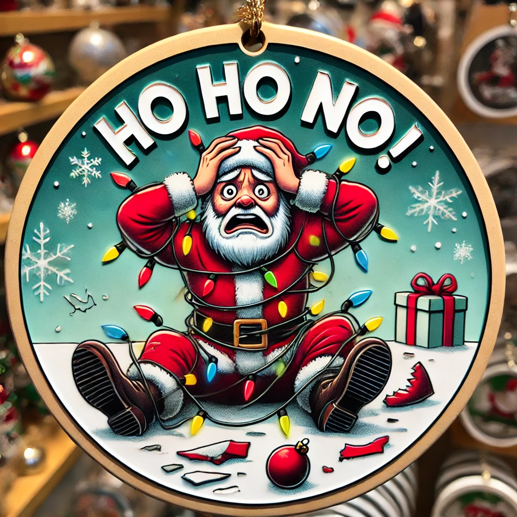 A humorous circular ornament design featuring Santa or an elf looking frustrated and overwhelmed by a holiday mishap The character is tangled in a mess of Christmas lights with broken ornaments and scattered presents around them The phrase Ho Ho No is written above in bold exaggerated font The scene is framed by snowflakes and holiday decorations all contained within the circular frame
