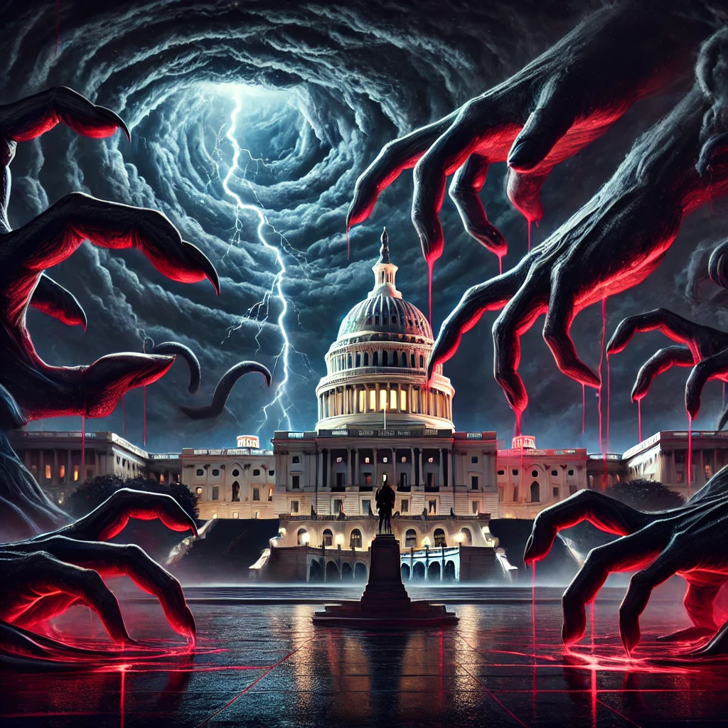 A dramatic night scene showing the US Capitol at the center shrouded in dark stormy clouds The sky swirls with deep purples blues and blacks with ominous lightning cracking across the sky Massive shadowy hands stretch out from the clouds clawing at the Capitols structure their fingers representing control and manipulation The Capitol is slightly cracked and strained under the pressure Bloodred lines surround the building like tendrils of power reaching out to faceless shadowy figures lurking in the darkness Dim lighting highlights the Capitol with a sharp cold glow from the lightning The dark clawlike hands are cast in deep shadows with red glows outlining the sinister tendrils Typography Why Do 70 of Americans Fear Their Government appears subtly at the top in bold cracked font while Project 2025 The Unfolding Storm is written in bold at the bottom