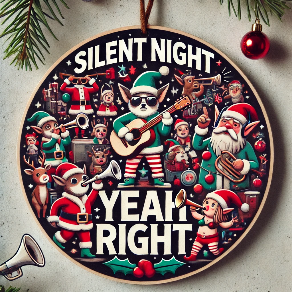 A chaotic circular ornament design featuring Christmas characters such as elves or reindeer playing loud instruments and causing noisy holiday antics The phrase Silent Night Yeah Right is written boldly above the scene The atmosphere is playful and humorous fully contained within the circular frame