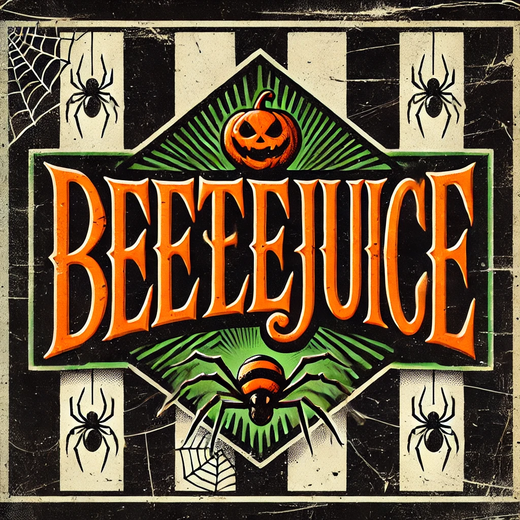 A vintage Halloweenstyle design with the text Beetlejuice written in a retro Halloween font with rough edges and a slight fading effect The text is orange with a gradient shifting to black at the bottom and a glowing green outline The background consists of worn and faded blackandwhite stripes giving it a weathered look like old wallpaper Vintagestyled spiders with exaggerated legs and shadow effects crawl across the stripes A subtle cobweb pattern weaves across the corners of the image with the text breaking through the webs in the middle