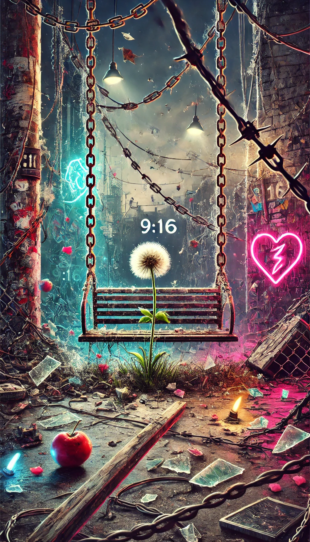 A 916 YouTube cover image depicting a gritty urban setting with rusty chains wrapped around a broken swing a single dandelion growing amidst barbed wire and graffiti hearts on crumbling walls Neon lights flicker in the background casting a soft glow on the chaos There are shattered glass pieces reflecting the scene and in the distance a wild laugh echoes The color palette is a mix of muted dark tones with splashes of vibrant colors like neon pinks and greens to capture the chaotic beauty The overall mood should reflect a bittersweet love thriving in imperfection and disarray