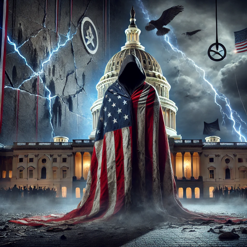 A dark shadowy figure draped in a tattered American flag stands ominously at the center of the frame Behind him the Capitol building is fractured with cracks running deep into the foundation symbolizing the crumbling democracy The background is dimly lit with stormy clouds swirling above and streaks of lightning illuminating the chaotic scene Symbols of authoritarianism and nationalism are faintly visible hidden in the darkness like specters haunting the scene The lighting is cold casting long dark shadows over the figure emphasizing the sinister nature of control and deception