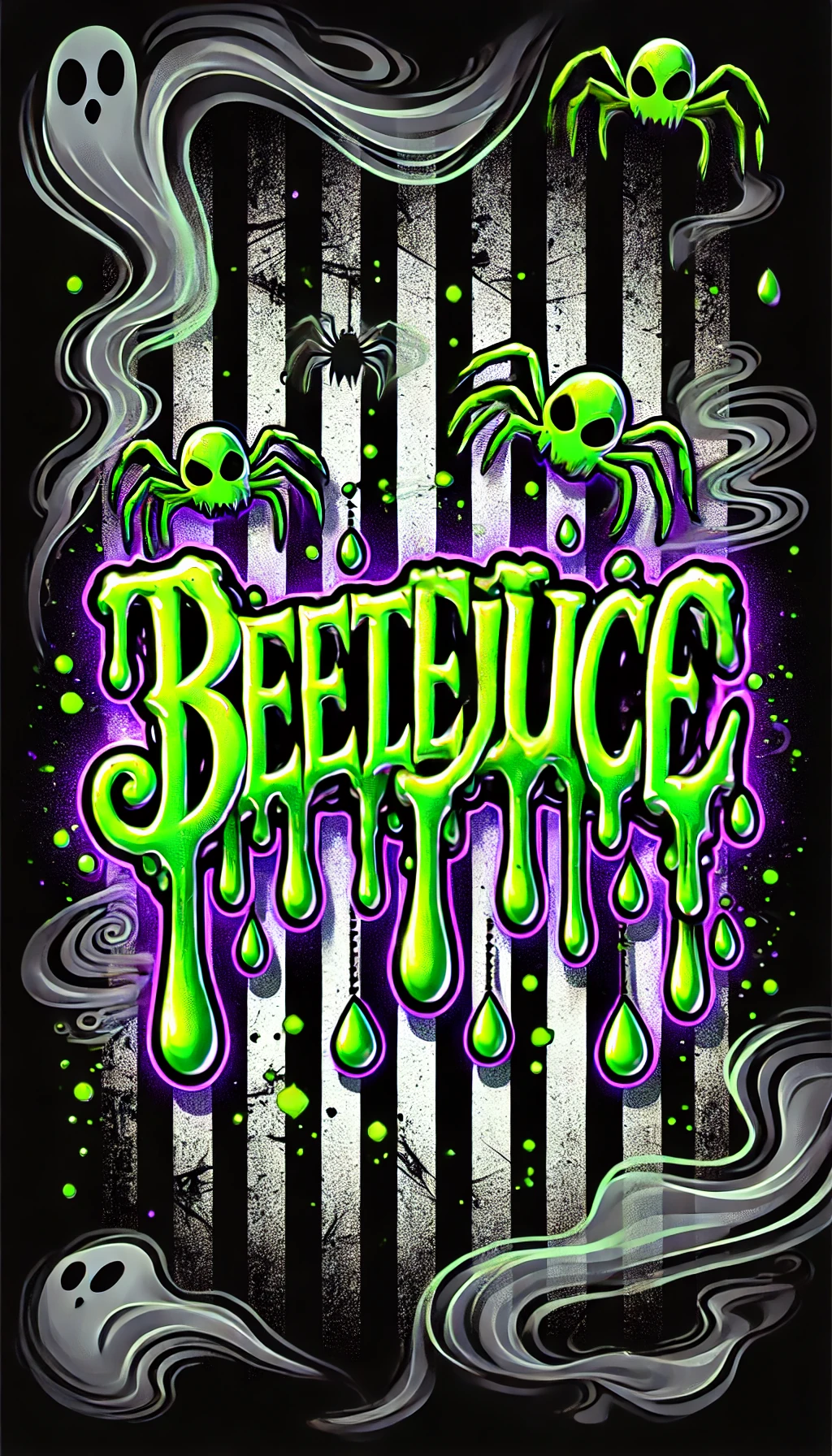 A spooky design with the text Beetlejuice written in a dripping gooey font with slime dripping from each letter The text glows in neon green with a purple glow giving it a supernatural look The background is blackandwhite stripes with faint green slime splatters between the lines and a few slime drops falling from the top Glowing silhouettes of spiders with a gradient from neon green to orange crawl across the stripes appearing radioactive Ghostly wisps and smoky swirls in the background add depth creating a haunted and eerie atmosphere