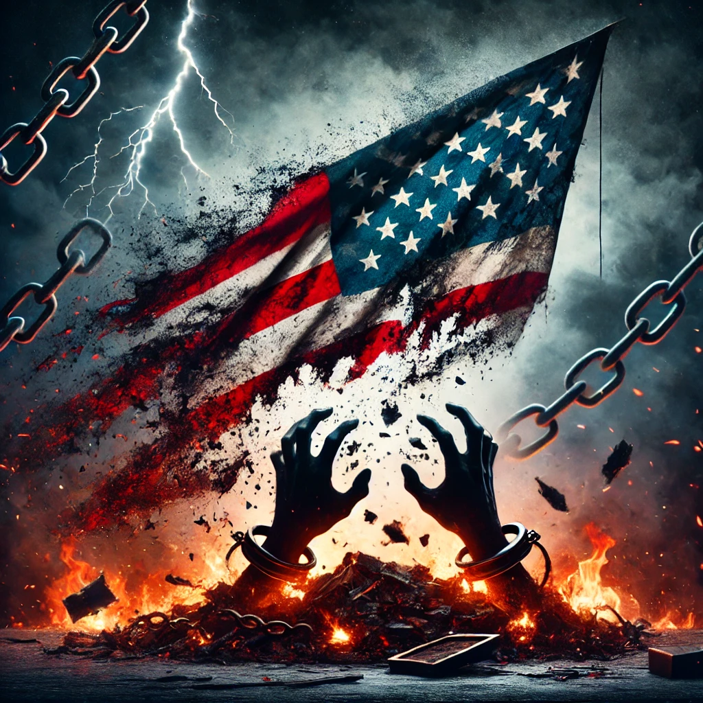 A dark and symbolic transition image showing an American flag disintegrating into ashes as it burns from the bottom Behind the flag shadowy hands reach out trying to grasp the pieces The sky is filled with dark smoke and the ground below is littered with broken chains and scattered debris representing the loss of freedom Lightning strikes illuminate the chaotic scene adding tension and intensity to the imagery