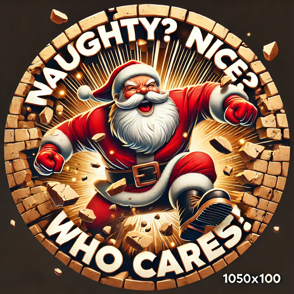 In a 1050x1050 circular ornament design Santa Claus is depicted smashing through a thick cracked wall with chunks of brick and mortar scattering around him Santas joyful yet determined expression is highlighted by his classic red suit with white trim and his playful tilted hat Above him the bold phrase Naughty Nice Who Cares appears in dynamic jagged letters that mimic the broken wall adding to the energetic feel of the design The entire chaotic scene is perfectly contained within the circular boundary with subtle golden lights glowing from the cracks to emphasize the festive mood