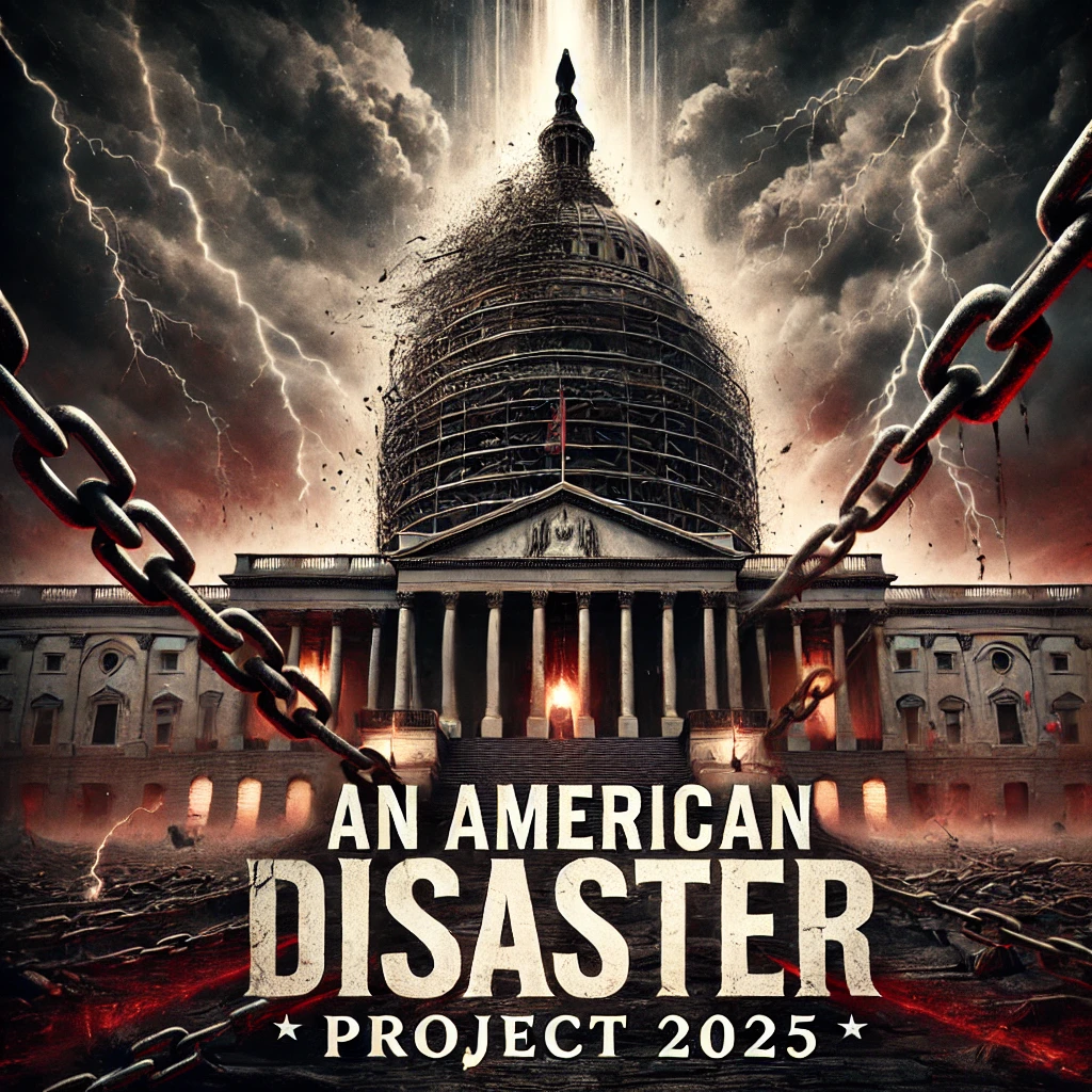 A powerful and dark album cover for An American Disaster  Project 2025 The imagery features a crumbling Capitol building wrapped in chains with storm clouds overhead and flashes of lightning illuminating the scene The title An American Disaster is written in bold distressed font at the top while Project 2025 is beneath it in slightly smaller font The color palette is a mix of deep reds blacks and metallic grays giving a foreboding and dramatic tone The overall feel should convey a sense of collapse and impending disaster as America approaches its 250th anniversary