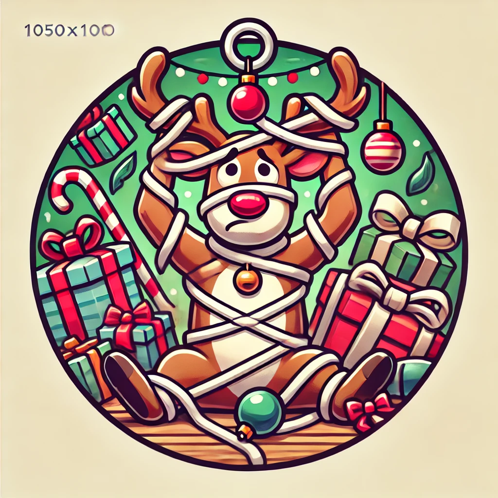 A funny and playful 1050x1050 circular ornament design featuring a reindeer tangled up in wrapping paper and ribbons The reindeer looks frustrated with gift boxes and bows scattered around him The entire scene is cheerful and humorous with holiday elements contained within the circular frame