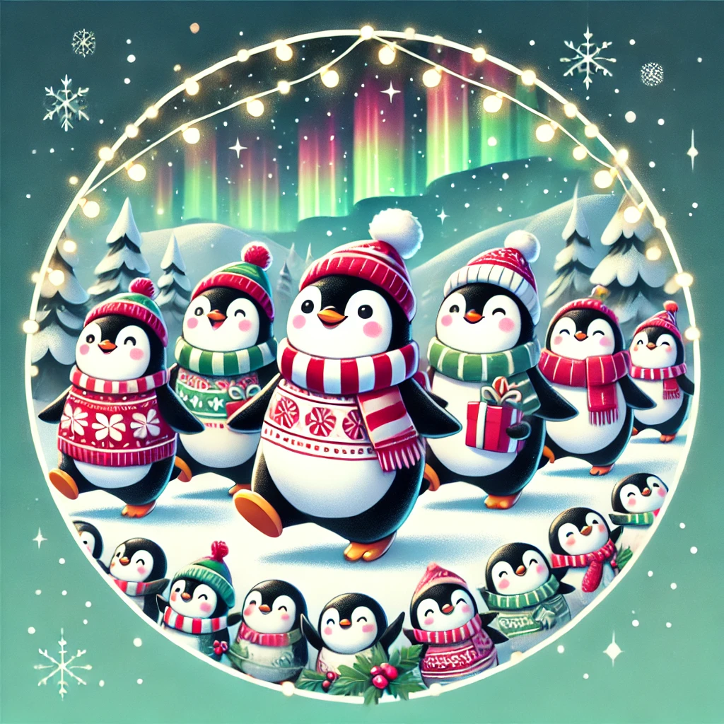 A whimsical holiday design featuring a group of playful penguins dressed in holiday sweaters scarves and hats Theyre marching through a snowy landscape surrounded by the Northern Lights The background has twinkling stars and glowing lights creating a festive atmosphere Each penguin is carrying holiday gifts and theres a joyful cheerful energy as they march in a parade formation perfectly contained within a circular boundary