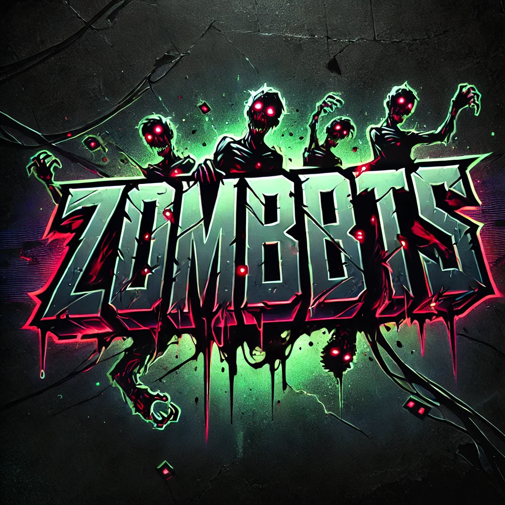 A dark and moody typography design for the YouTube channel ZomBoTs The word ZomBoTs should be in bold jagged font with glowing edges and dripping effects to match a zombie theme The background should be a mix of shadows and neon splashes blending horror and tech themes with subtle textures like cracked metal or decaying surfaces Overall tone should be vibrant but eerie using colors like neon greens reds and purples Include some robotic elements subtly integrated within the typography