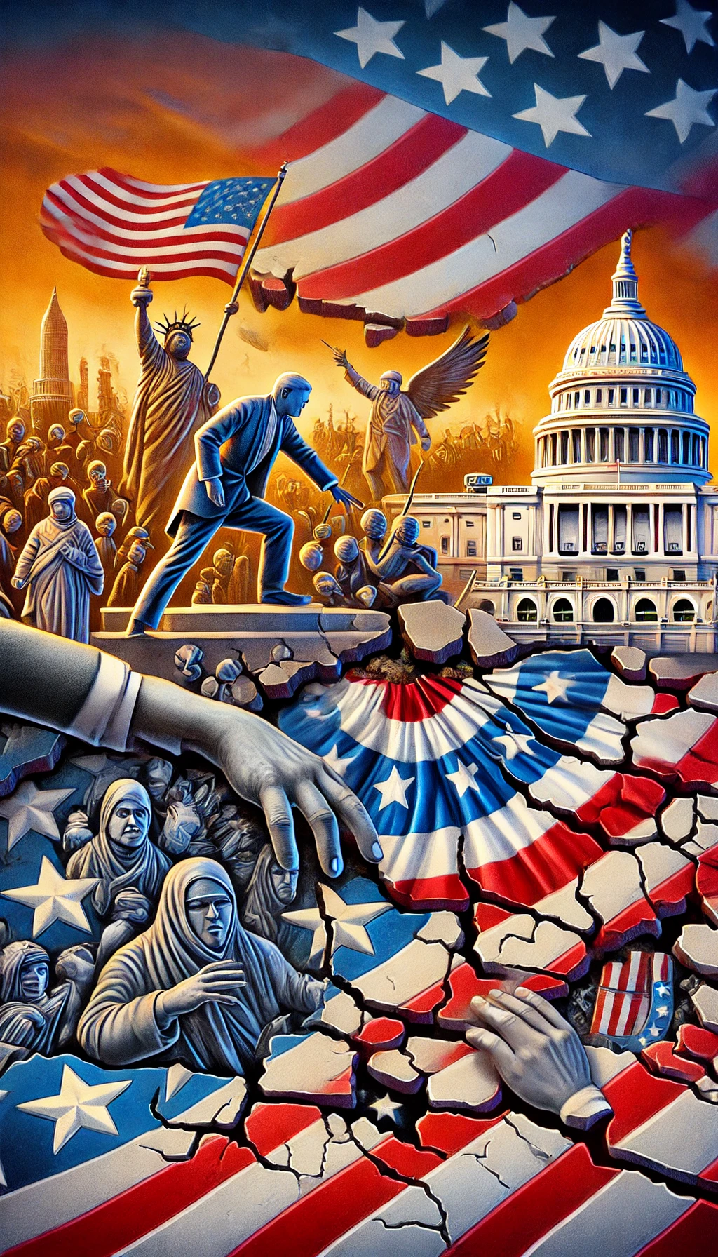 At 00031 The vibrant democracy of America once filled with hope and inclusion now begins to fragment Cracks appear across the scene showing pieces of the American flag and the capitol while figures of power and exclusion rise behind the cracks The color tones are darker symbolizing the descent into hate and exclusion