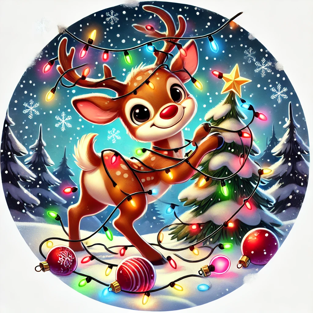 A festive holiday design featuring a mischievous reindeer tangled in colorful Christmas lights The reindeer has a cheeky expression and is trying to untangle himself while standing in a snowy forest The Christmas lights are glowing brightly adding to the holiday spirit and there are festive ornaments scattered around the ground The background includes softly falling snowflakes and twinkling stars creating a magical holiday atmosphere all within a circular frame