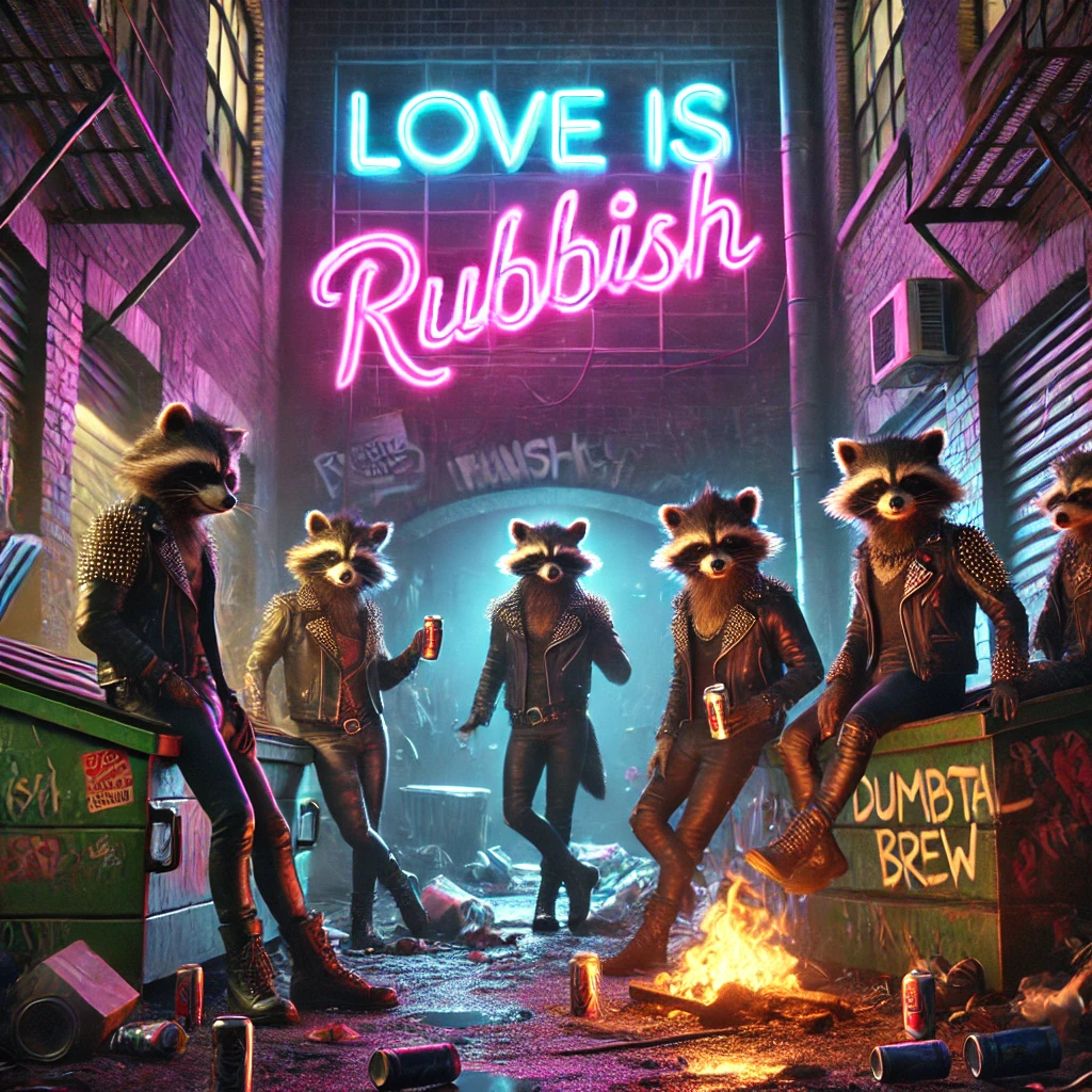 A dark urban alley filled with neon signs graffiti and TrashCats raccoons The scene features an oversized neon sign reading Love is RuBBish in bold stylized typography Graffiti and trash fill the alley and a group of punkstyle raccoons wearing leather jackets are lounging around a dumpster fire The raccoons are holding cans of dumpster brew with their wild hair and rebellious outfits standing out The lighting is gritty with neon lights casting a colorful glow over the alley The mood is trashy rebellious and full of attitude