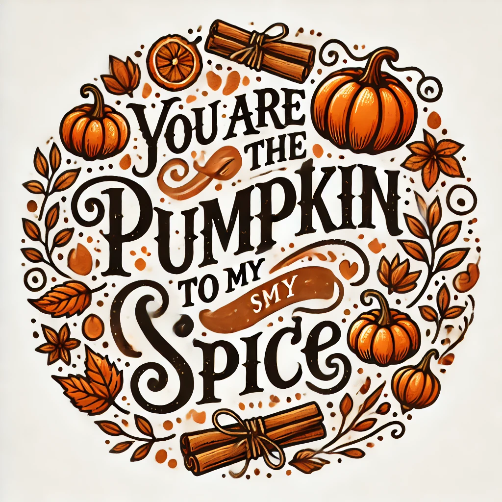 A cozy autumn design featuring pumpkins cinnamon sticks and fall leaves encircling the phrase You Are the Pumpkin to My Spice The design is warm and cozy with a fall aesthetic featuring swirling letters with a handdrawn feel in oranges browns and yellows Everything is contained neatly within the circular design