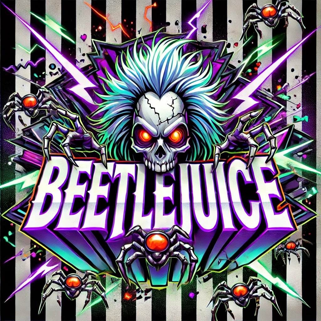 A dynamic and chaotic design with the text Beetlejuice written in a bold blocky font with electric crackles around the edges of the letters The text glows in bright neon purple with electric blue and green sparks radiating from it The background features blackandwhite stripes with zigzag patterns of electric bolts scattered throughout Robotic metallic spiders with glowing red eyes crawl across the stripes adding to the chaotic electric theme Small flashes of lightning and electrical sparks give the design an energetic and unpredictable vibe