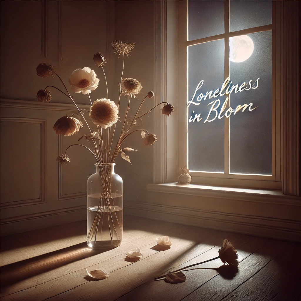 A vase of wilting flowers sits on a windowsill with one petal falling to the floor The room is bathed in faint moonlight casting long shadows The air feels thick with loneliness and the space feels empty despite the objects within The typography Loneliness in Bloom is softly glowing in the moonlight written in an elegant script font on the windowpane