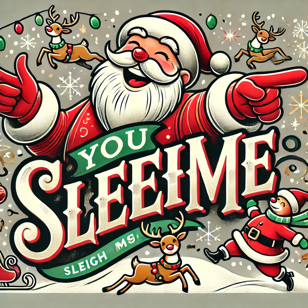 A cheerful holiday design titled You Sleigh Me featuring Santa laughing and pointing with reindeer dancing around him The background is filled with snowflakes Christmas ornaments and twinkling lights The typography You Sleigh Me is in a playful handdrawn style with a slight tilt giving it a dynamic and fun appearance all in bright festive colors like red green and gold