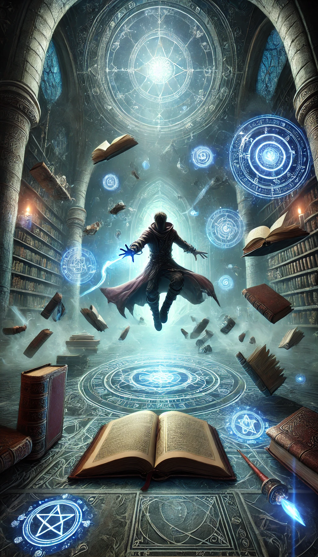 An Arcanist hovers in an ethereal library surrounded by floating books and glowing scrolls The Arcanist is casting a Traveling Knife spell with a magical dagger glowing blue as it flies through the air and returns to the Arcanists hand The backdrop is filled with ancient tomes glowing artifacts and mystical energy swirling around The scene is illuminated by the soft light of magic runes creating a mysterious yet powerful atmosphere
