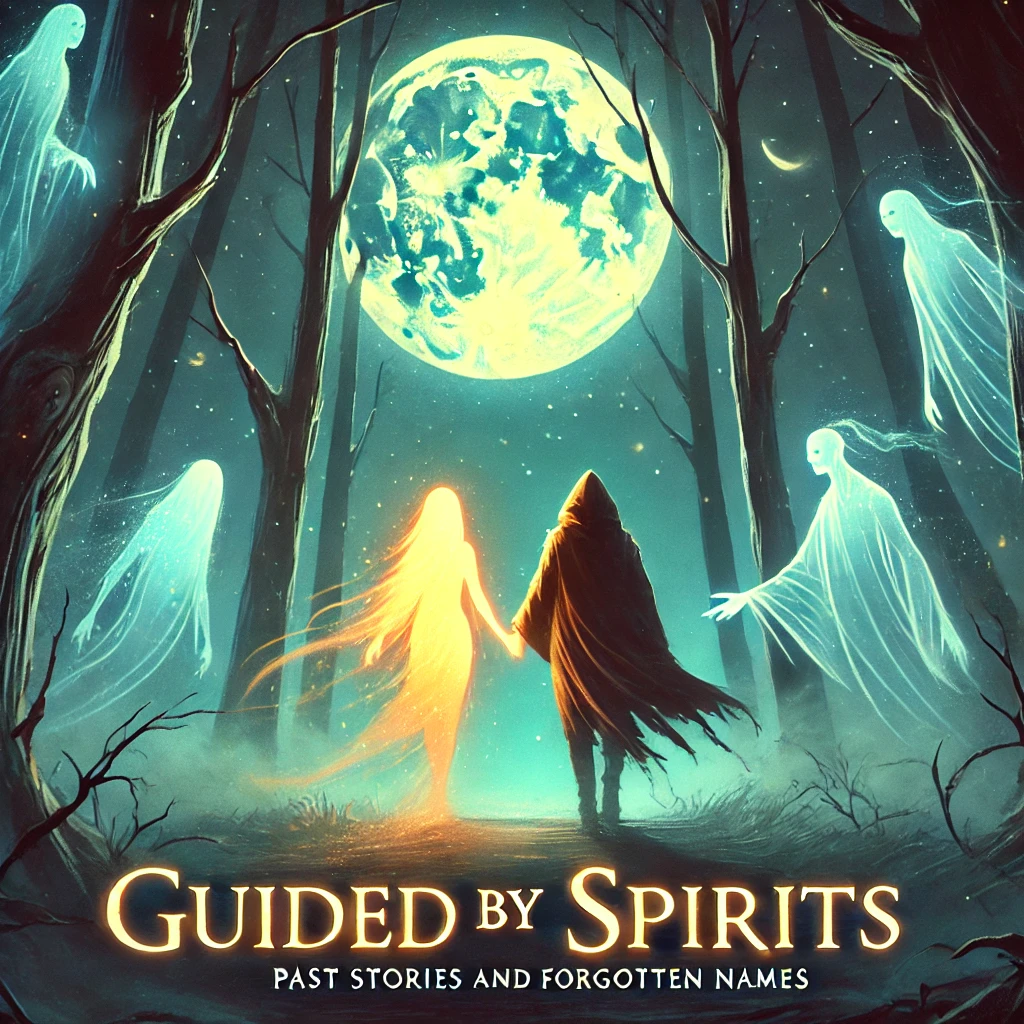A figure handinhand with a glowing spirit walking through the enchanted forest Ghostly figures of past stories and forgotten names float in the mist around them The moon softly glows above creating a peaceful yet haunting atmosphere The text Guided by Spirits is written in a bold glowing font at the bottom