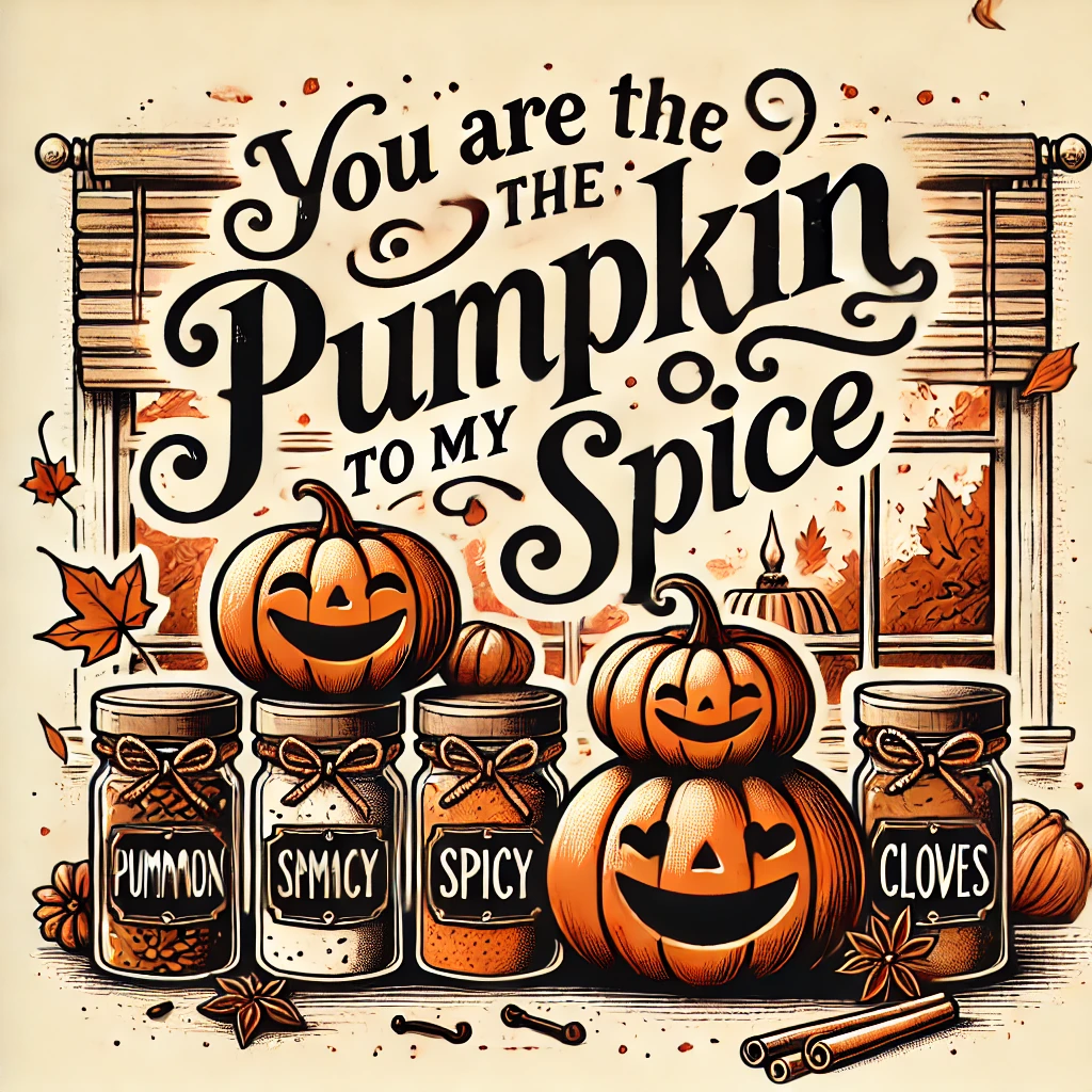A humorous holiday design titled You Are the Pumpkin to My Spice featuring a cozy fall scene with pumpkins and spice jars stacked together inside a warm kitchen The pumpkins have smiley faces and the jars are decorated with festive bows In the background autumn leaves are falling outside the window The typography You Are the Pumpkin to My Spice is in a script font that feels warm and inviting surrounded by swirling cinnamon sticks and cloves