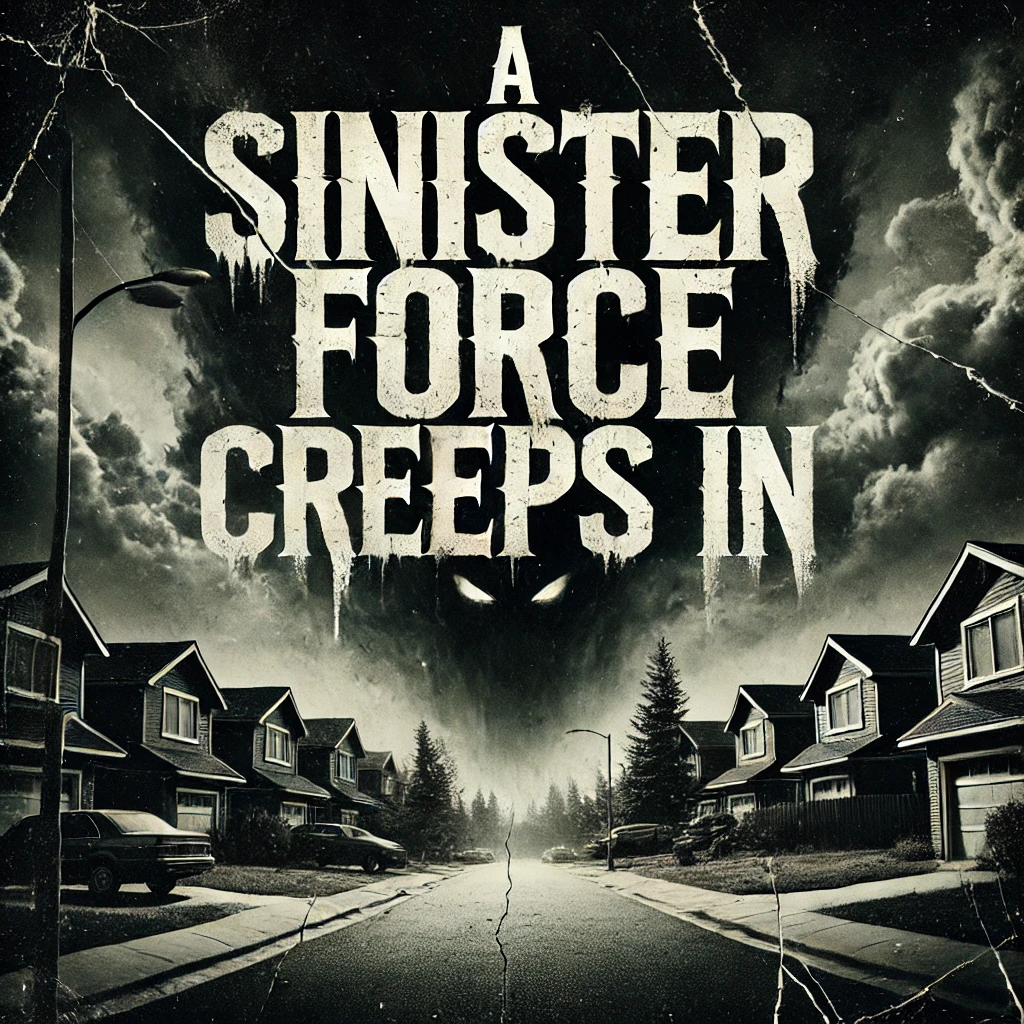 A oncevibrant suburban neighborhood now overshadowed by ominous clouds Shadows have grown larger and more menacing creeping in from the edges obscuring the sunlight The mood is foreboding as shadowy figures begin to emerge in the distance Typography A Sinister Force Creeps In in bold fractured font at the bottom of the image the letters cracked and broken mirroring the disintegration of peace